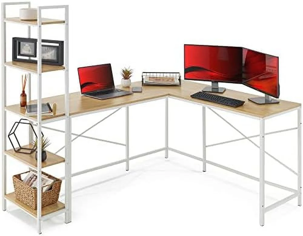 SJOPLMN L-Shaped Corner Computer Desk  Large Study Workstation  w/Multifunctional 5-Tier Open  Bookshelves  Custom Setup for Home  Office - White Oak