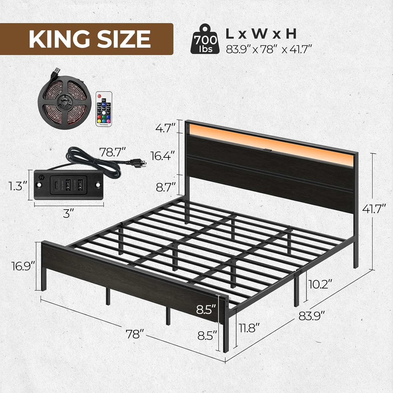 Bed Frame with Charging Station, King Bed with LED Lights Headboard, Metal Platform Bed Frame, Strong Metal Slats, 10.2” Under Bed Storage Clearance, No Box Spring Needed, Noise Free