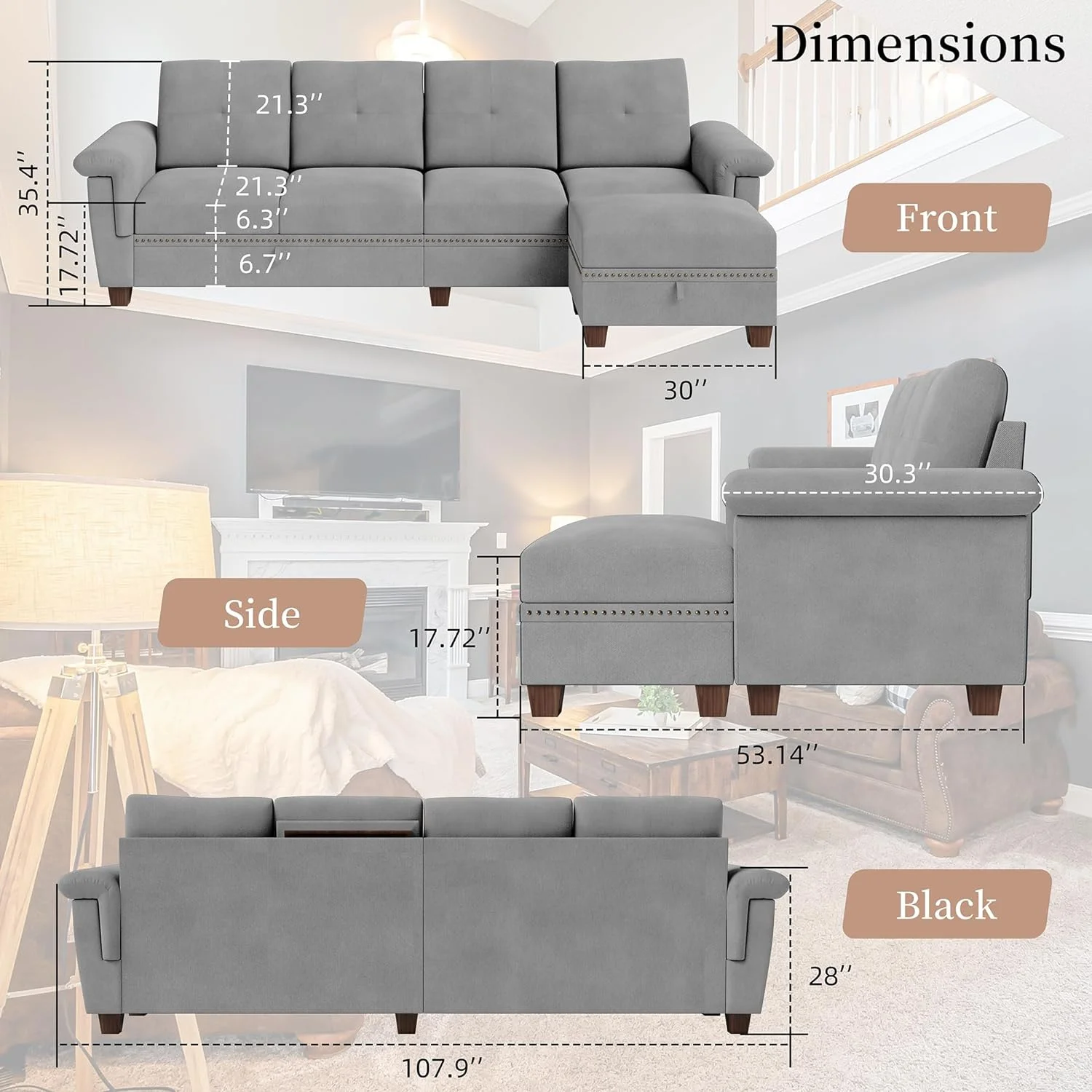 107'' Convertible Sectional Couch L Shaped Couch with Storage Chaise, 4-Seater Reversible Sectional Sofa with Cup Holders for Living Room
