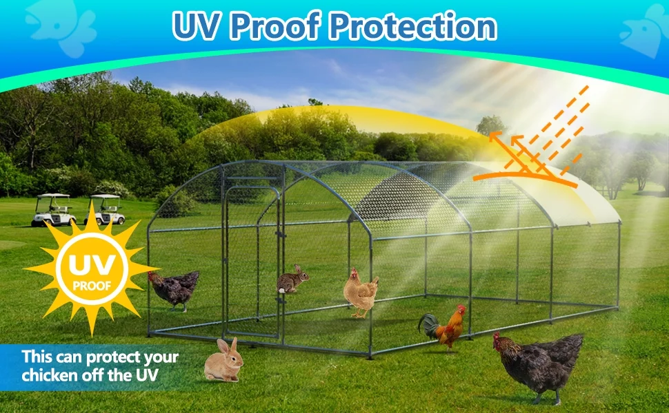 JHOOTUUO Metal Large  Coop Walk-in Poultry Cage Large  Run Arc Shaped Cage with Waterproof Anti-UltravioletCover  1.” Diameter Tube (19.6‘ L x 9.8‘ W x 6.5‘ H)