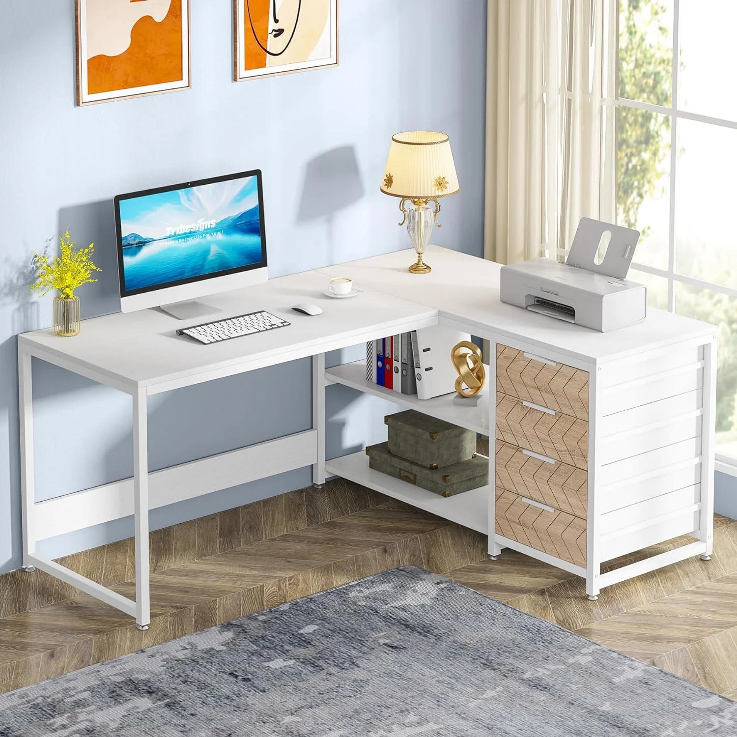 U-SHARE L Shaped Computer Desk with Storage Drawers, 59 inch Corner Desk with Shelves, Reversible L-Shaped Office Desk Study Writing Table Workstation for Home Office, White