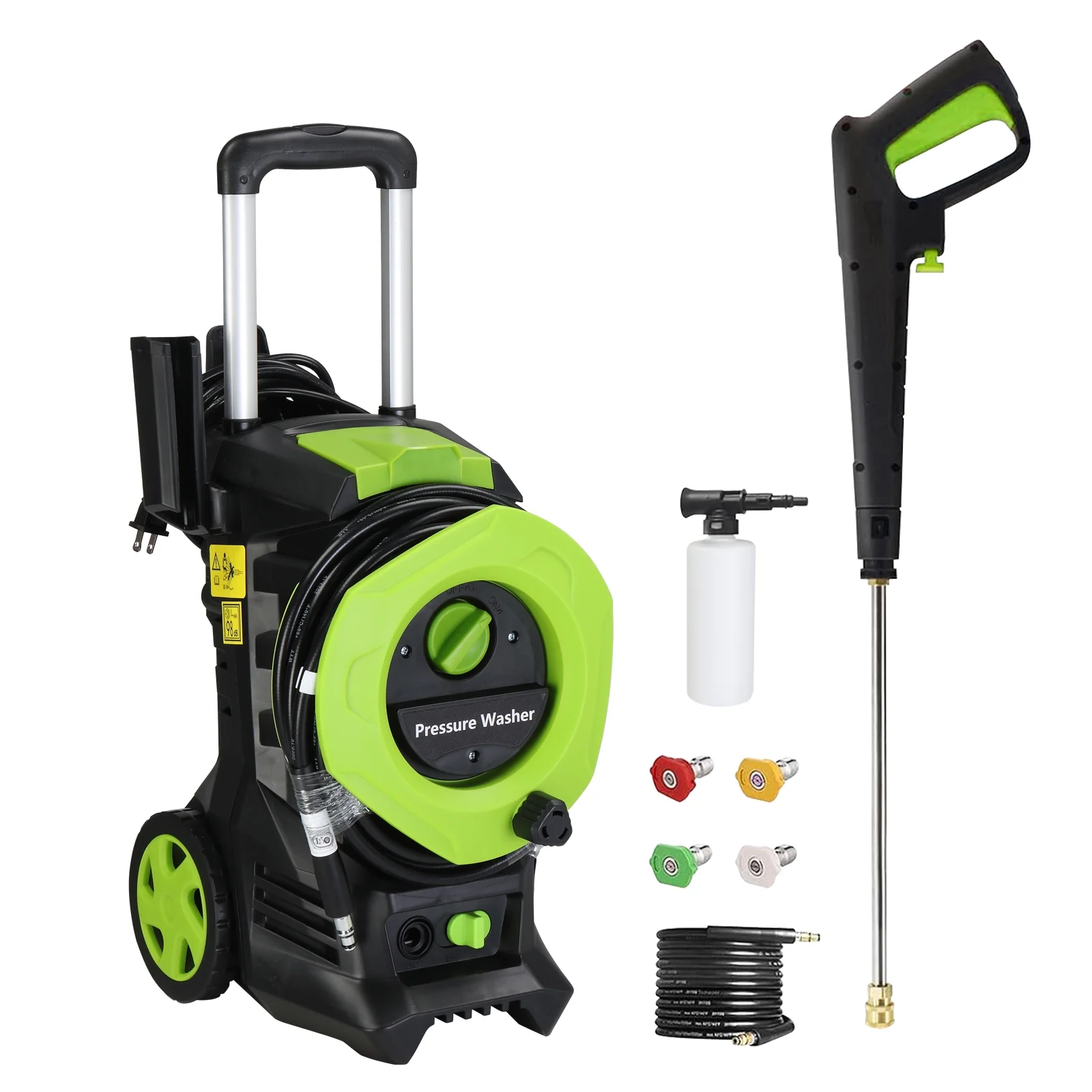 iRerts Electric Power Washer, 2000W 3380 PSI Max. 2 GPM Power Washer with Hose, 4 Nozzles, Foam Bottle, Pressure Washers Electric Powered for Cleaning Car Fence Patio Yard Garden, Green