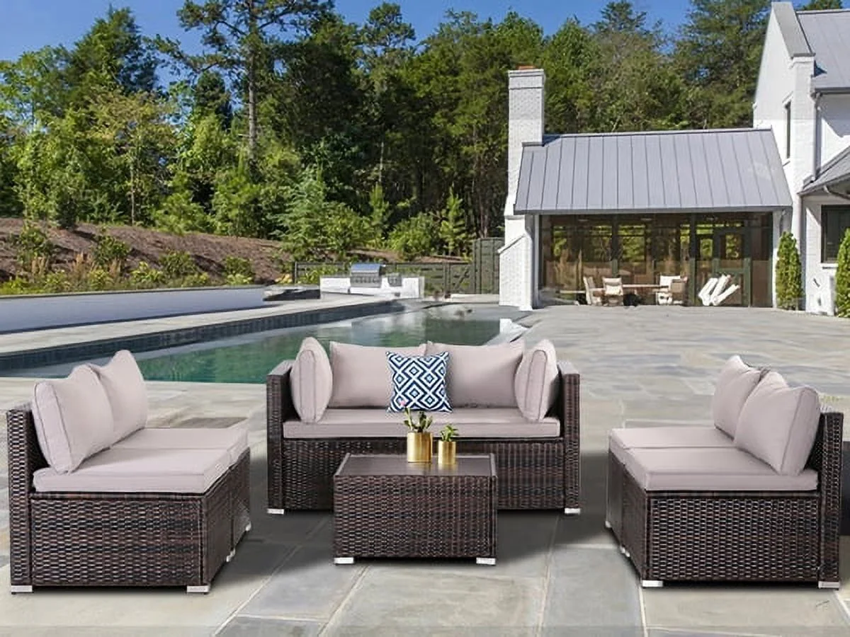 FHFO 7 Pieces Patio Furniture Set,Wicker Outdoor Conversation Set,Rattan Sectional Sofa Set w/Washable Cushions & Glass Coffee Table for Porch Poolside Backyard-Brown/Gray