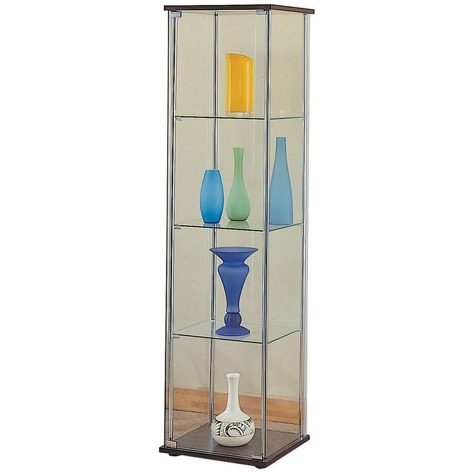 Pemberly Row Contemporary 4 Shelf Glass Curio Cabinet in Cappuccino
