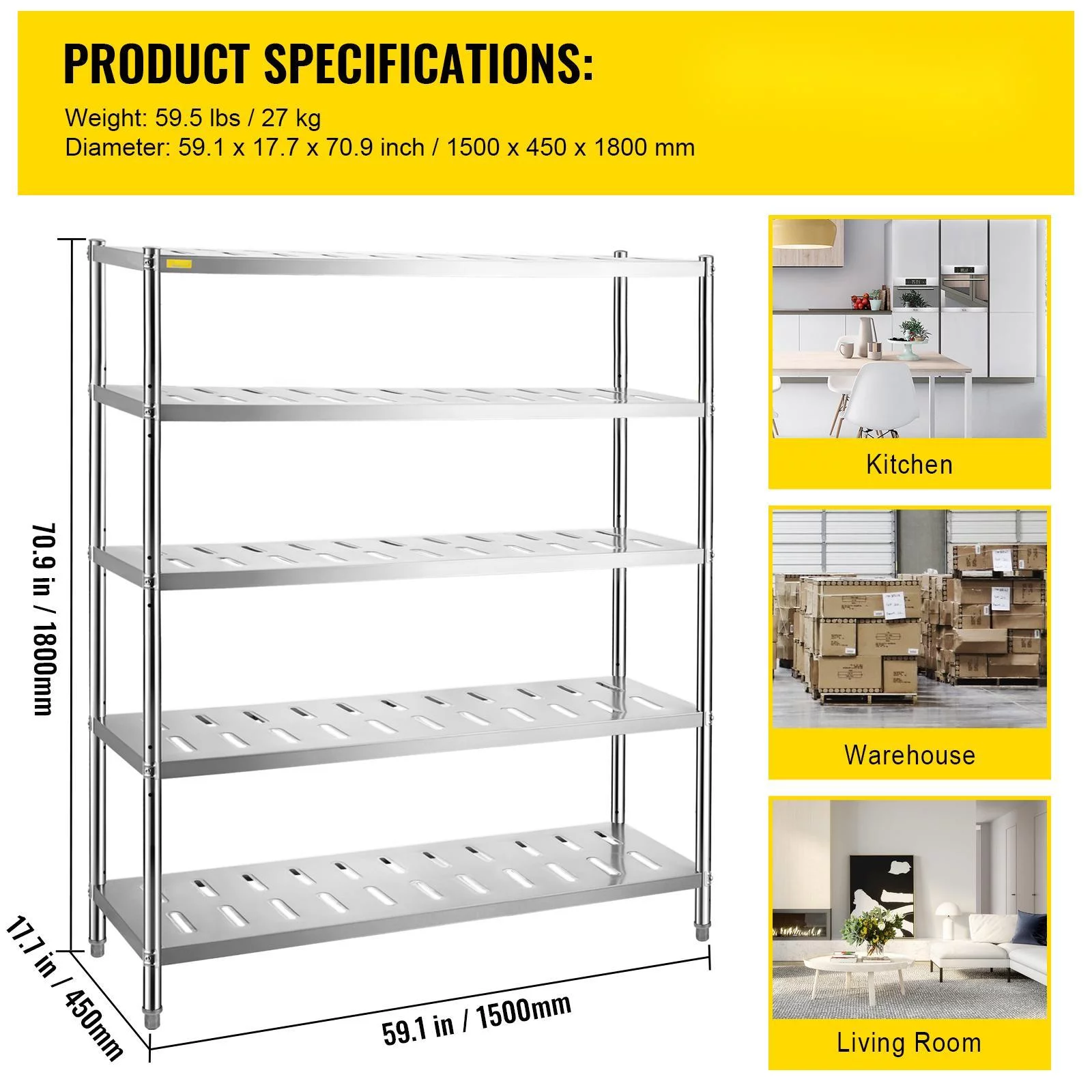 BENTISM Garage Shelf Heavy Duty Shelving 5-Tier 59.1x17.7x70.9 in Stainless Steel