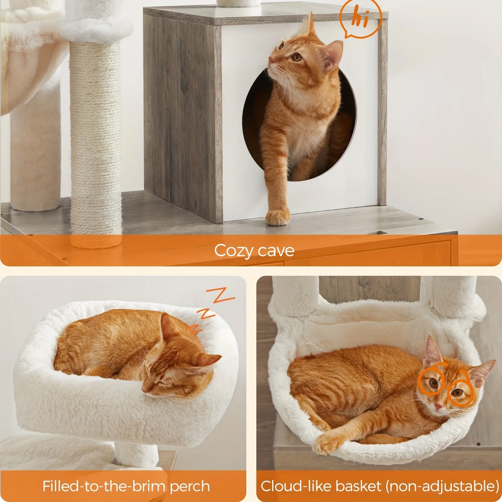 WoodyWonders Cat Tree With Litter Box Furniture Hidden Enclosure, 2-in-1 Modern Tower, Cat Condo With Scratching Posts, Removable Pompom Sticks