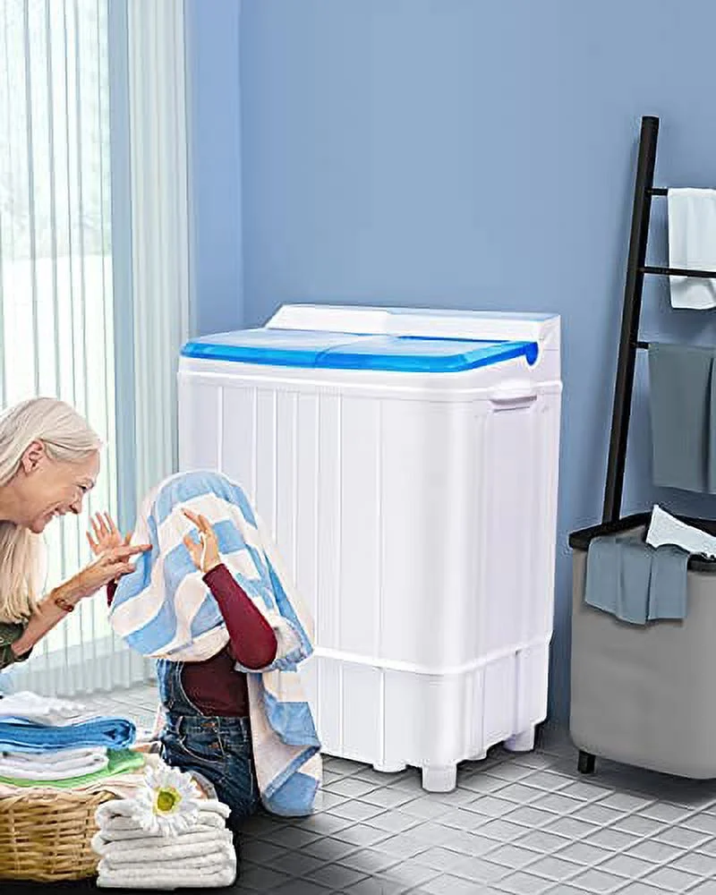 Superday Portable Mini Twin Tub Washing Machine Compact Washer and Dryer w/Wash and Spin Cycle 17.6lbs Capacity For Camping, Apartments, Dorms, College Rooms, RV’S, Delicates, Blue and White