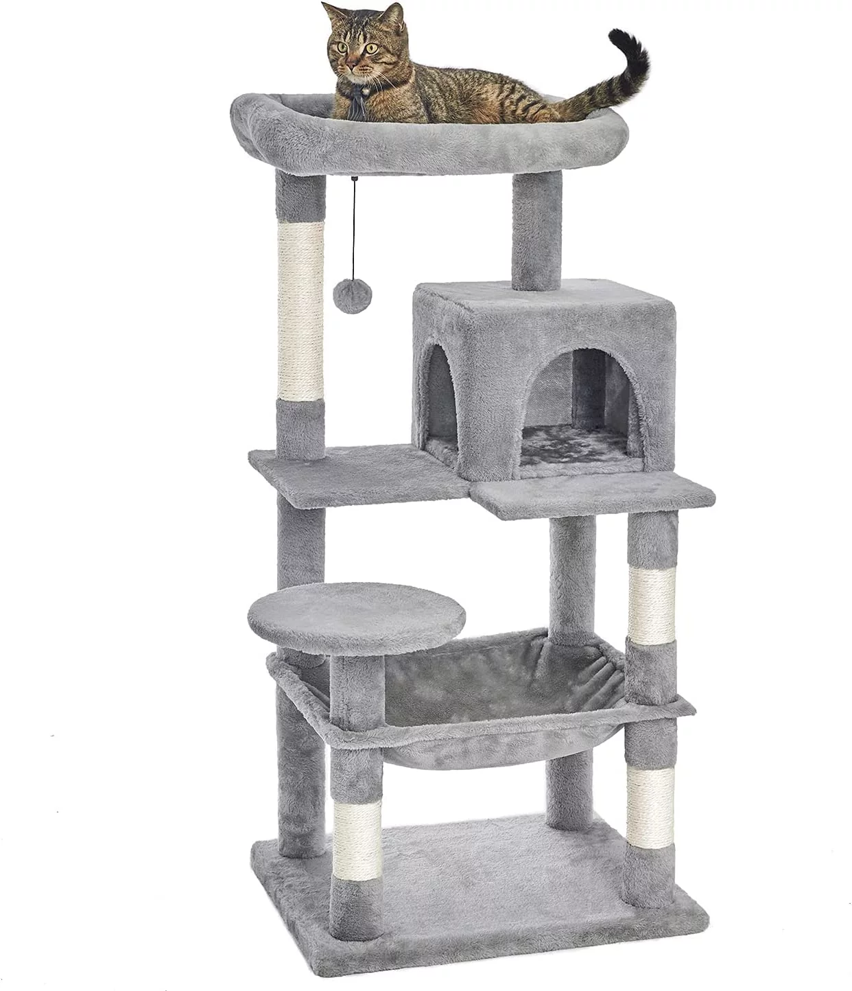 46.5 inches Cat Tree Multi-Level Cat Tower with Sisal-Covered Scratching Posts, Plush Perches, Hammock and Condo for Cats Light Gray