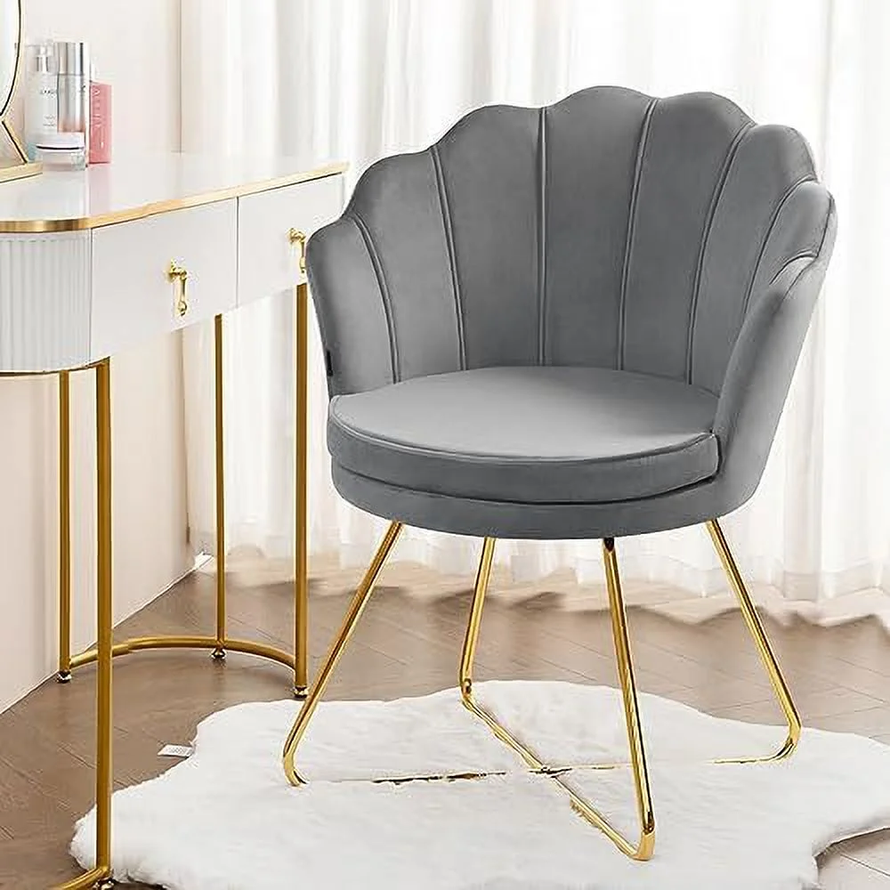 ZFGSUIJN Home Office Chair with Wheels Upholstered Comfy Velvet Desk Chair Stool  Cute Adjustable Swivel Modern Seashell Back Vanity Chair for Living Room  Bedroom  Office (Khaki)