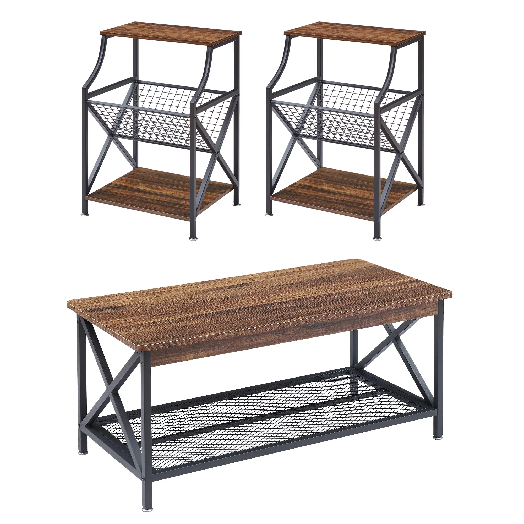 VECELO 3-Piece Coffee Table Set with Coffee Table and 2 End Side Tables, Modern X-Design for Living Room Table Set, Brown