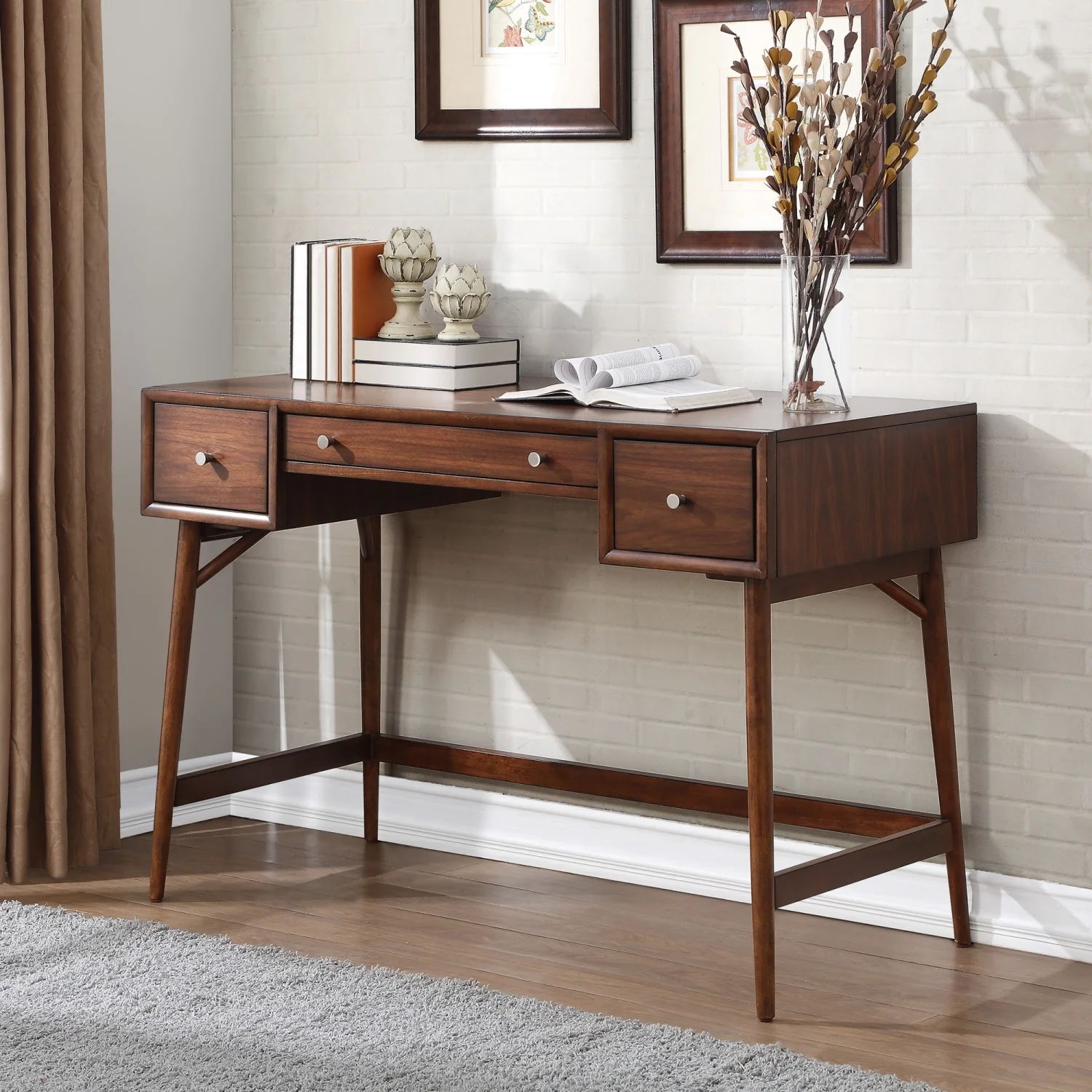 Stylish Modern Brown Finish Counter Height Writing Desk with Walnut Veneer  Storage Drawers and Nickel Knob Hardware for Contemporary Home Office Furniture