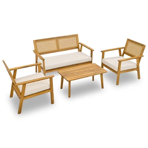 Churanty 4 Pieces Patio Conversation Set Outdoor Seating Set Solid Wood Sofa with Woven Rattan Backrest and Table for Backyard Garden