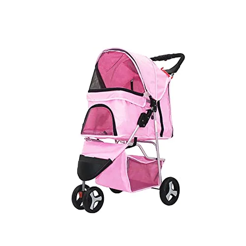 Foldable Pet Dog Stroller, 3 Wheels Pet Stroller with Weather Cover & Storage Basket Travel Folding Carrier for Dog and cat (Pink)