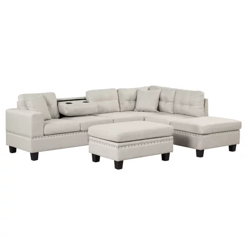 YLtoohoom 104.5” Modern Sectional Sofa with  Ottoman  L-Shape Couch with 2 Pillows and Cup Holder Sectional Sofa with Reversible Chaise for Living Room Light Gray