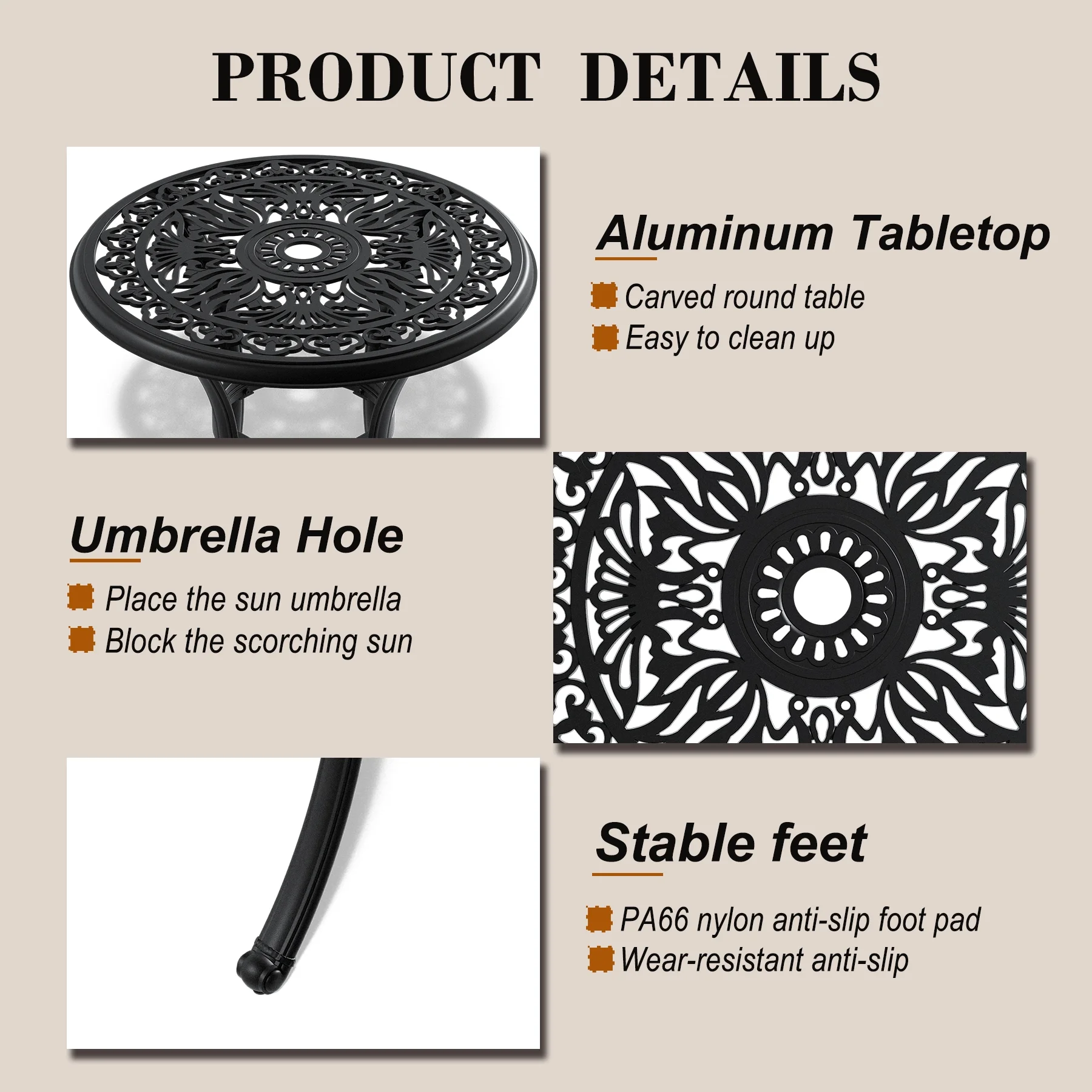 3-Piece Cast Aluminum Patio Bistro Furniture Set, Patio Bistro Set with Umbrella Hole