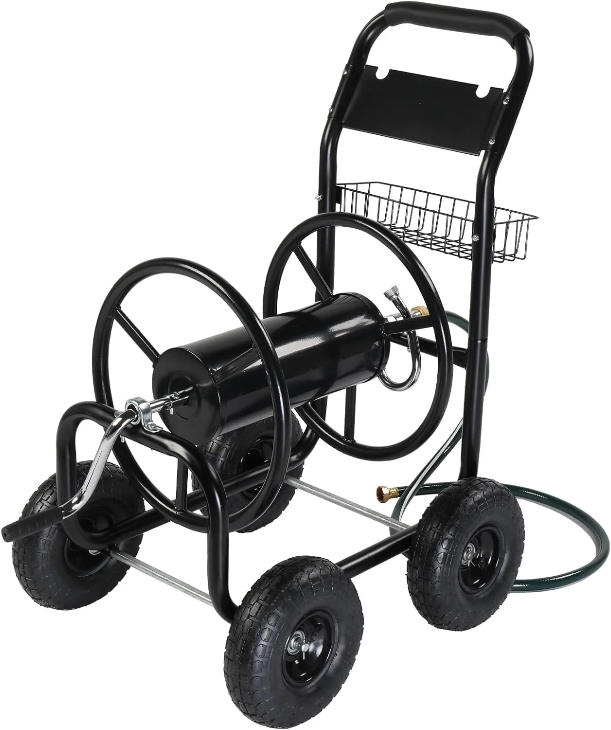 Garden Hose Reel Cart, Lawn Water Planting Cart with Wheels, Heavy Duty Outdoor Yard Water Planting Truck Holds 300-Feet of 5/8-Inch Hose with Storage Basket for Patio Farm(Black)