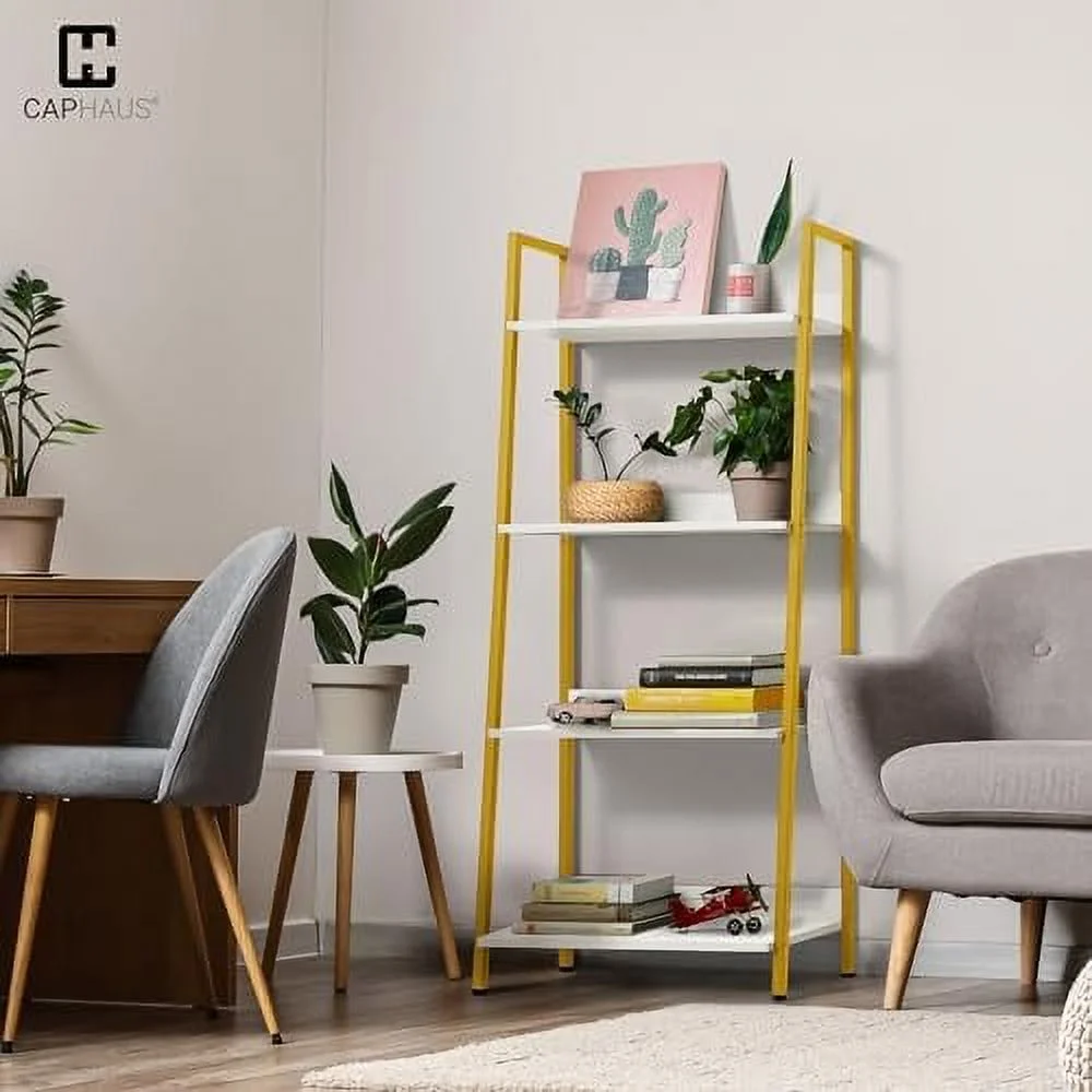 TQSBRZJ 5 Tier Ladder Bookshelf  24 Inch Width Free Standing   Bookcase   Rack Organizer  Industrial Book Shelves for Home Office  Living Room  Kitchen  White Shelves & Gold Frame