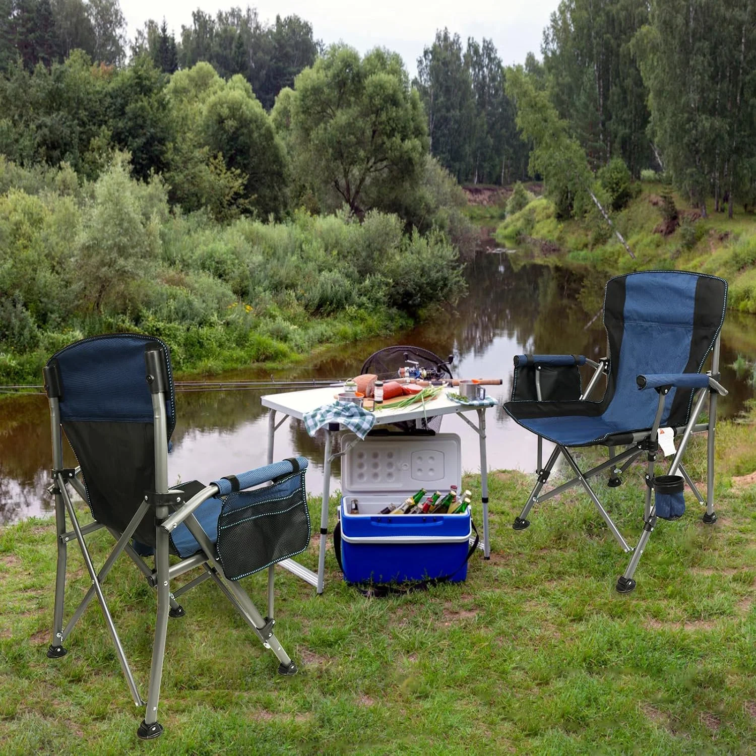 Camping Chair for Adults 2 Pack Heavy Duty Outdoor Patio Lawn Chairs Portable Support 350 LBS High Back Padded Oxford with Armrests, Storage Bag, Cup Holder, for Outside Fishing, Camping, 2PCS