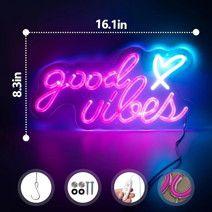 Pink Good Vibes Neon Signs for Wall Decor, Blue Love LED Neon Lignt Powered by USB Suitable for Bedroom, Wall LED Signs Decoration,16.1