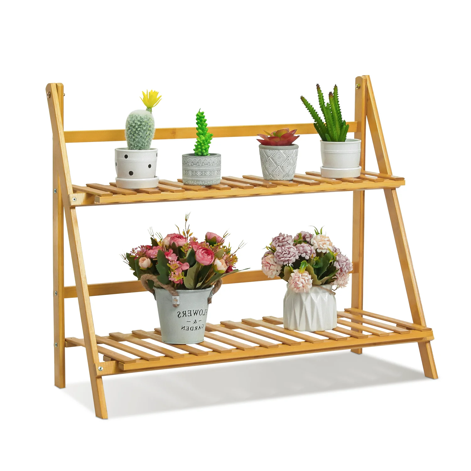 Magshion Bamboo 2 Tiers Foldable Plant Stand, Flower Display Storage Shelf Rack, Natural, for Garden