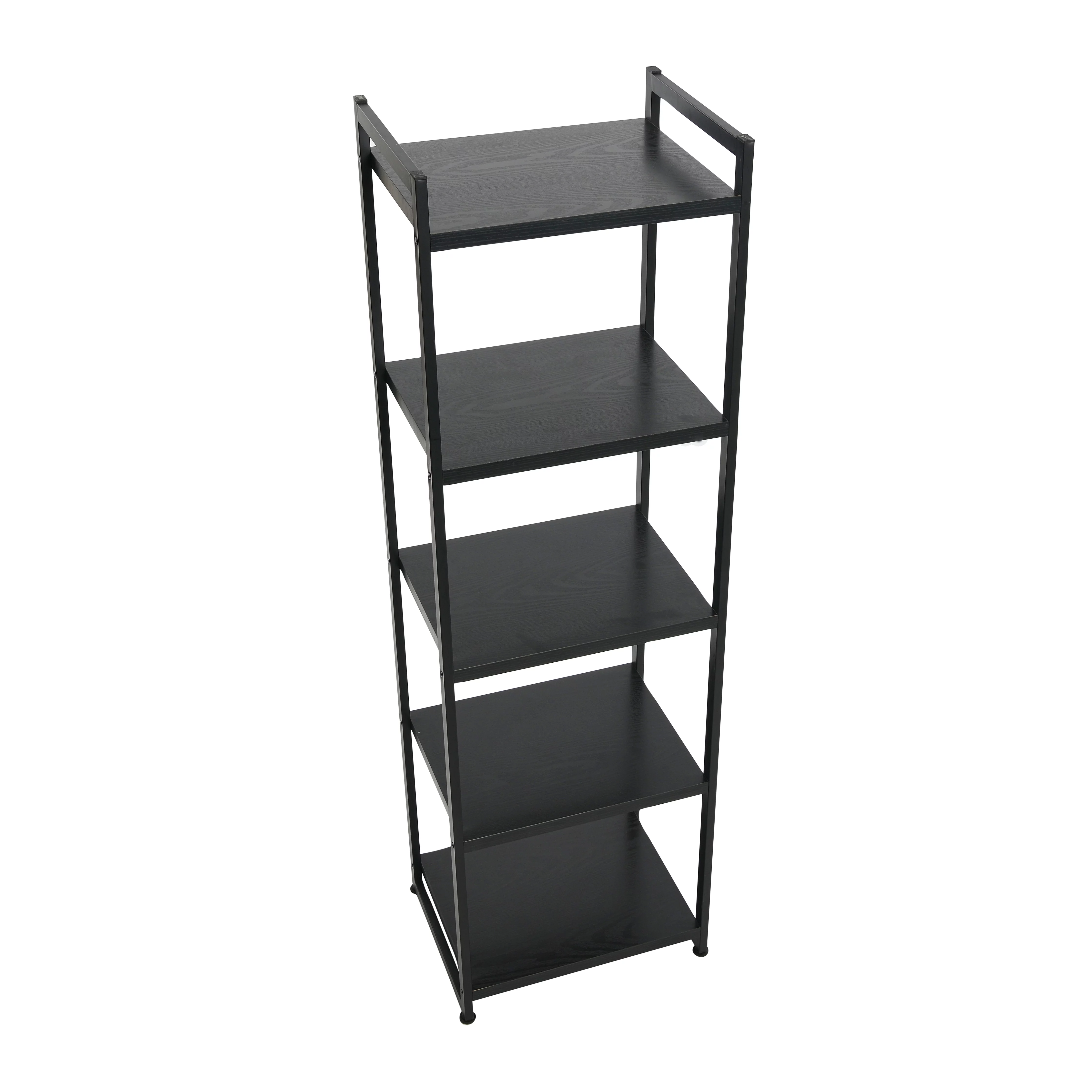 Household Essentials Tower Bookshelf, Tall and Narrow Bookshelf with 5 Shelves, Black Metal and Black Oak Woodgrain Finish, Industrial and Modern
