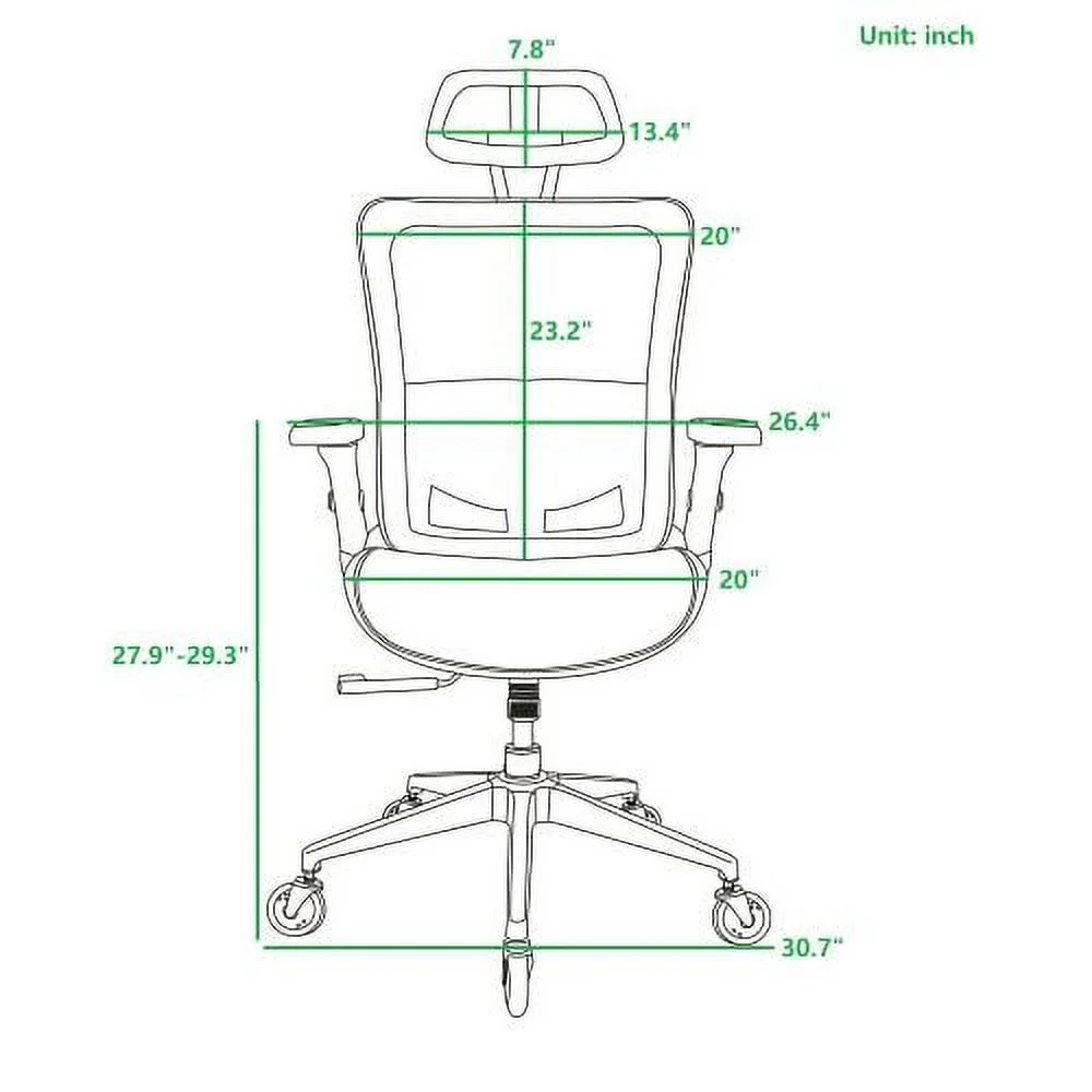 Ergonomic Mesh Office Chair, High Back - Adjustable Headrest with Flip-Up Arms, Tilt and lock Function, Lumbar Support and blade Wheels, KD chrome metal legs