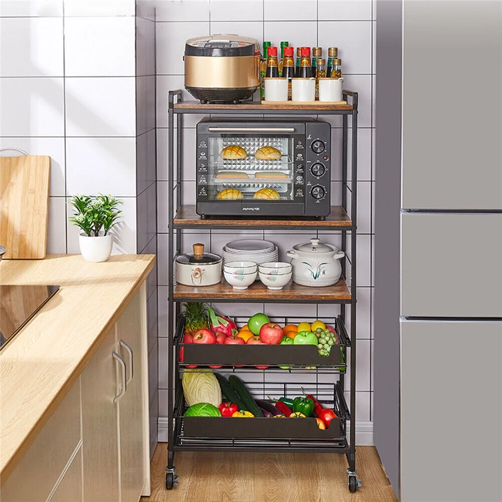 ZhdnBhnos 5-Tier Movable Storage Rack Cabinet Kitchen Rolling Cart Bakers Rack Vertical Microwave Oven Stand Fruit Vegetable Spice Organizer Shelf