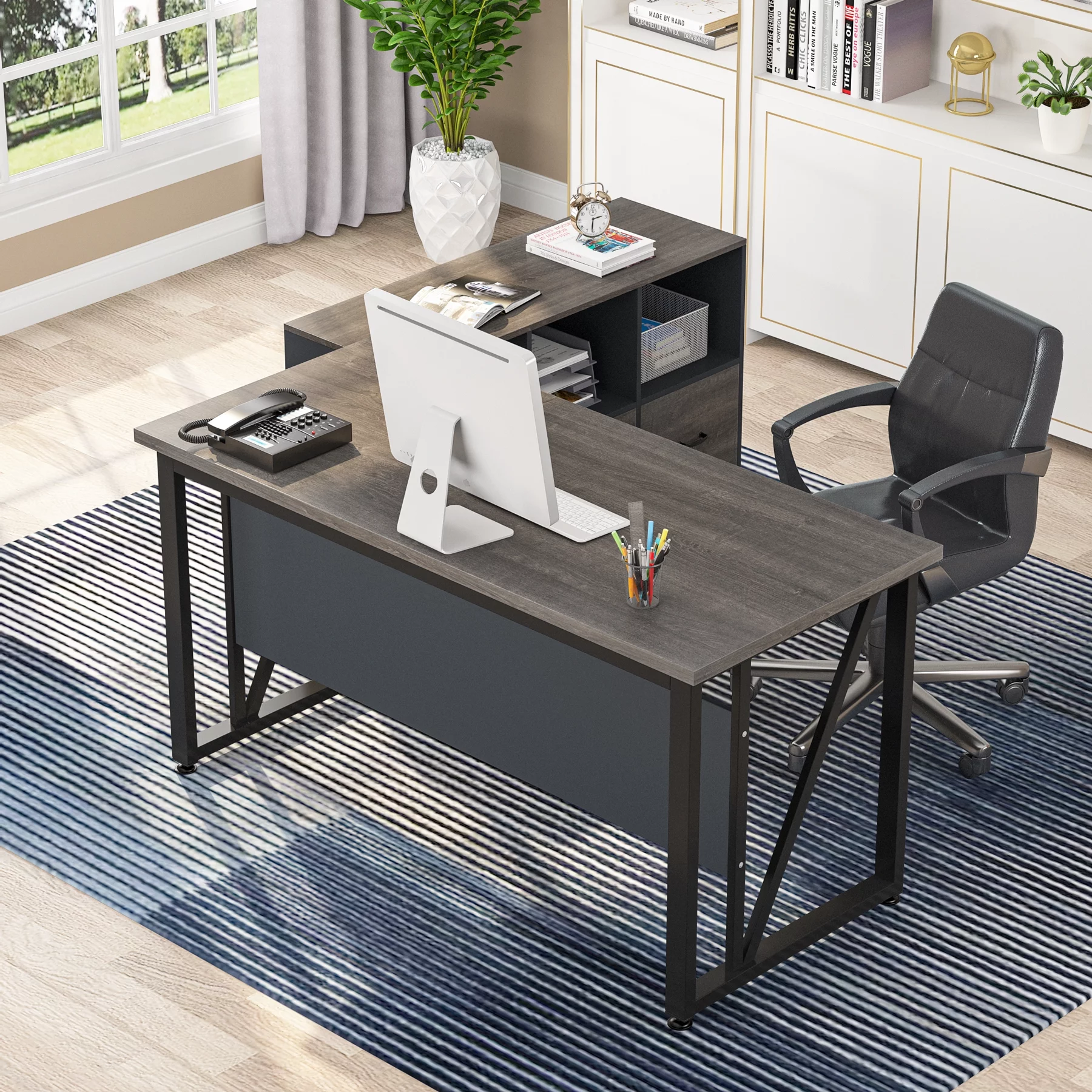 Tribesigns L-Shaped Desk, 55 inch Executive Desk with File Cabinet, Drawers and Shelves