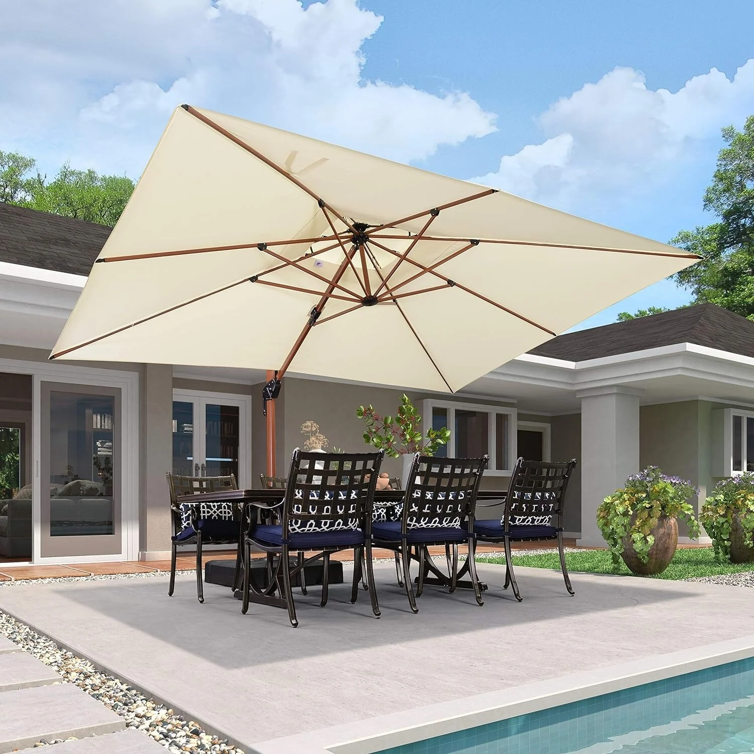 PURPLE LEAF  9 x 12ft Rectangle Wood Pattern Patio Cantilever Umbrella with Base Beige