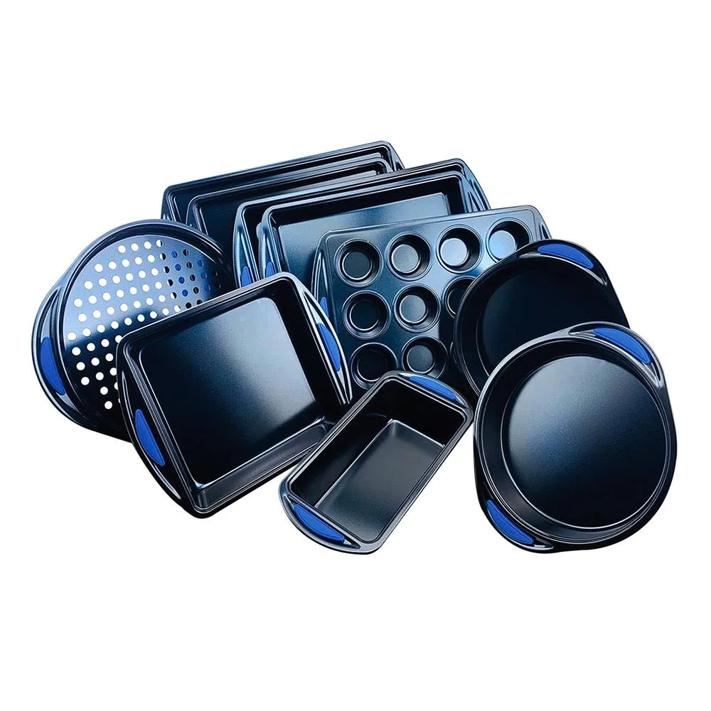 Deluxe Nonstick Blue Diamonds Coating Inside and Outside Carbon Steel Bakeware Set With Red Silicone Handles (10-Pieces)