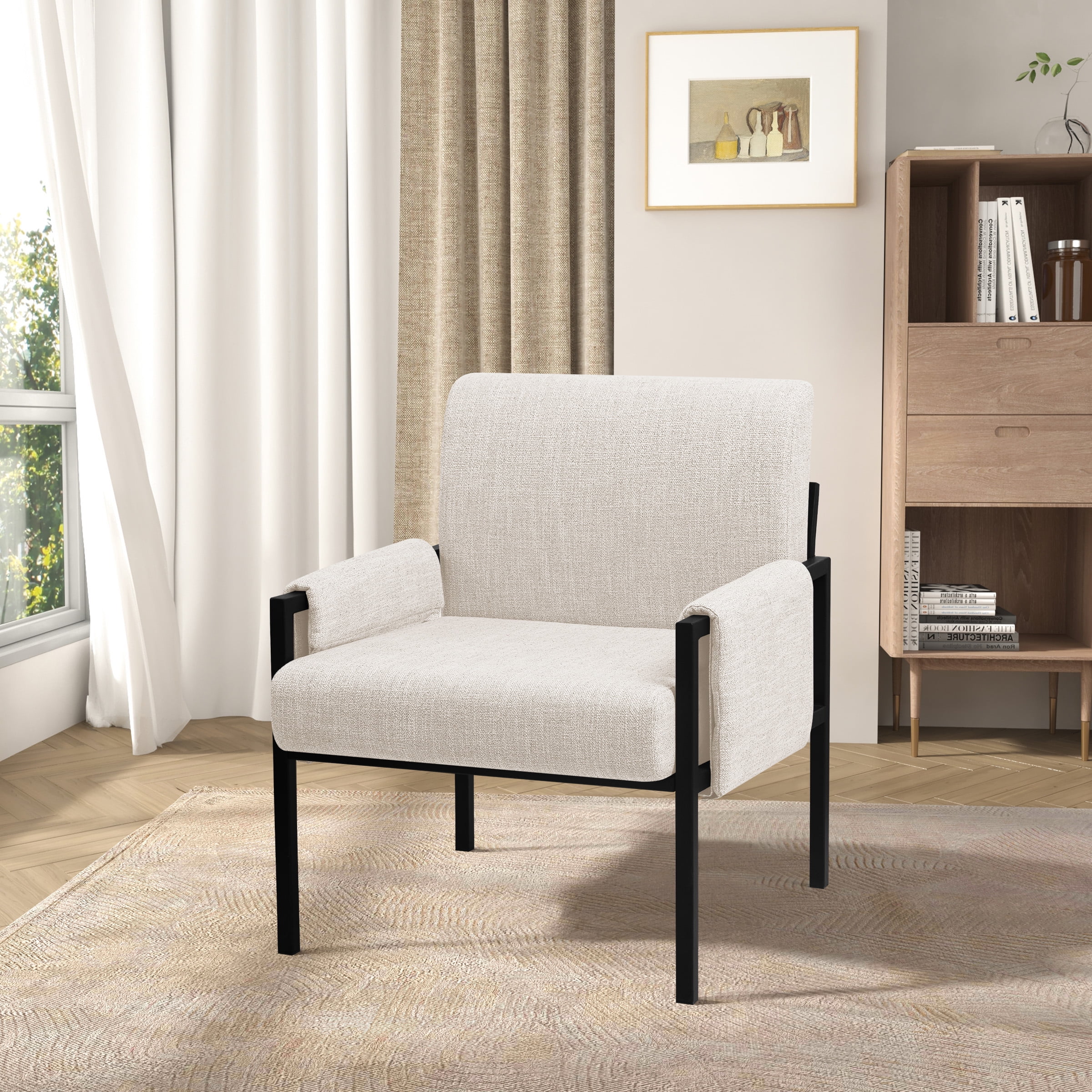 Subrtex Upholstered Modern Accent Chair with Metal Frame, Set of 2, Off-White Linen Fabric