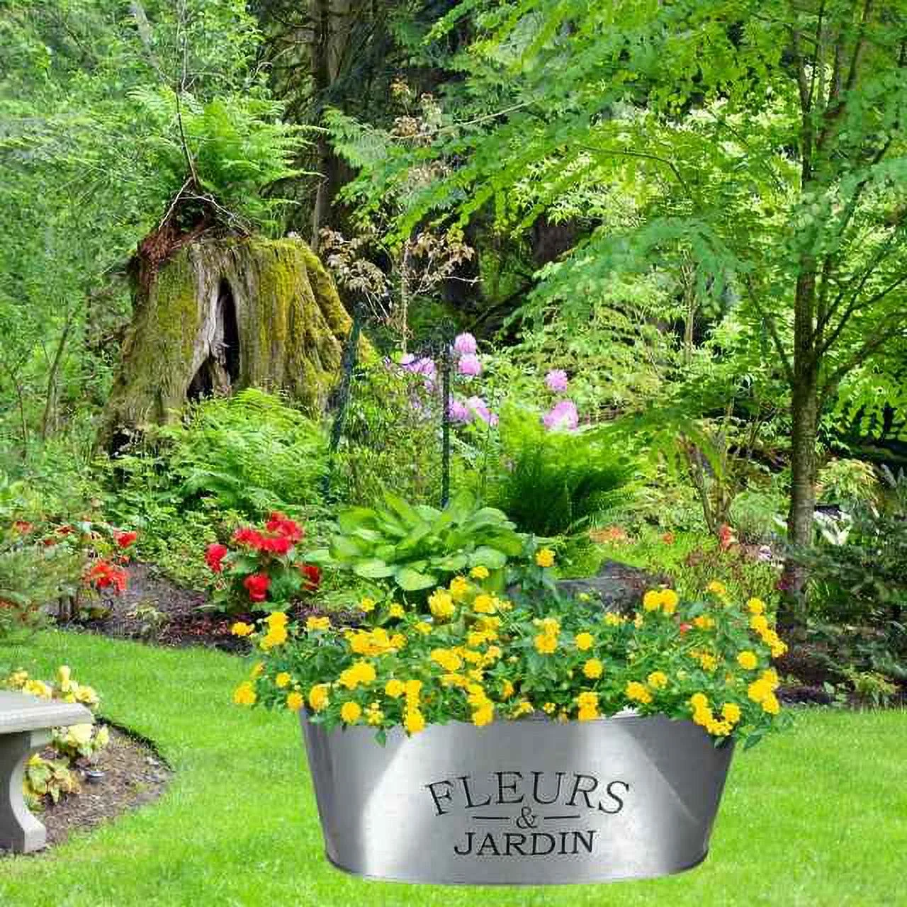 Galvanized Metal Oval-Shaped Planters Rustic Farmhouse ''Fleurs & Jardin'' Planter Pots for Home Indoor Outdoor Garden Decor Wedding House Warming DIY Succulent Gifts Set of 2