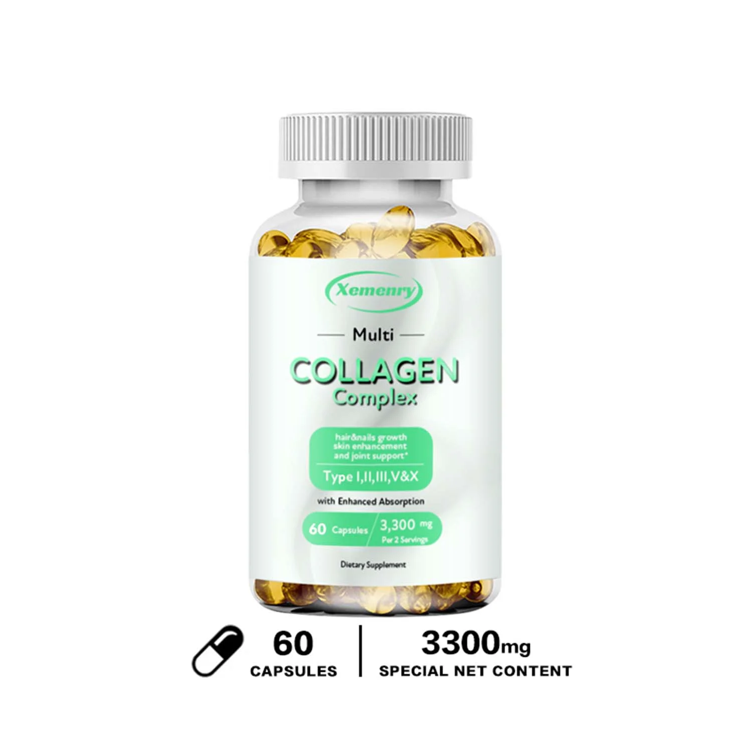 Xemenry Collagen Complex- with Type I, II, III, V, X  -Hydrolyzed Collagen, Anti-Aging(30/60/120pcs)