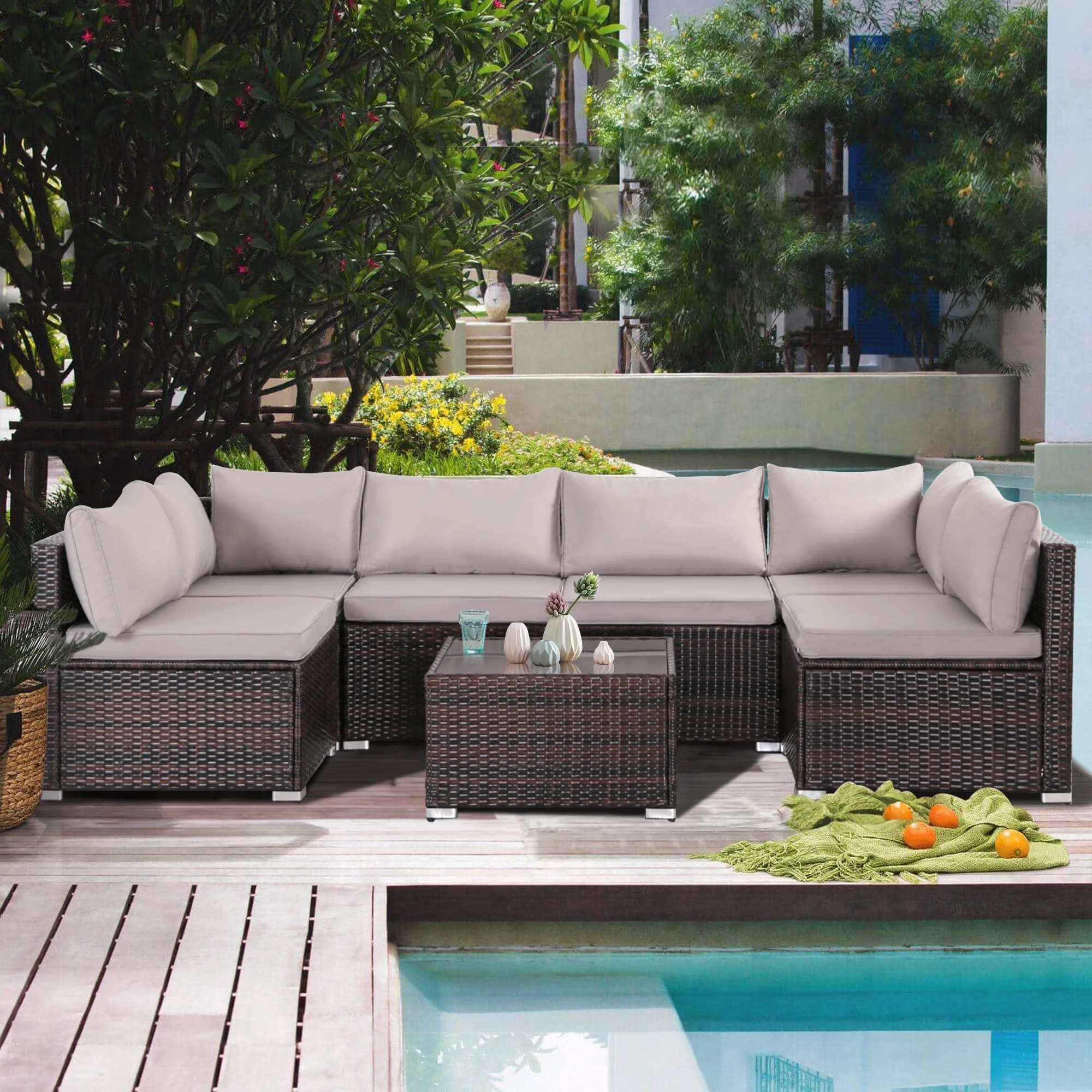 FHFO 7 Pieces Patio Furniture Set,Wicker Outdoor Conversation Set,Rattan Sectional Sofa Set w/Washable Cushions & Glass Coffee Table for Porch Poolside Backyard-Brown/Gray