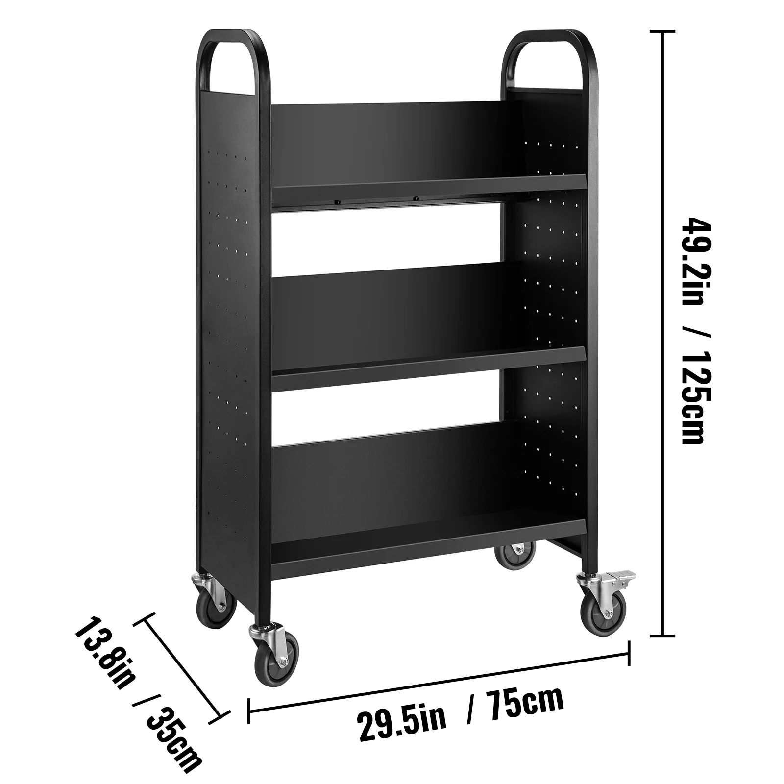 BENTISM Book Cart Library Cart 200lb with Single Sided V-Shaped Sloped Shelves in Black