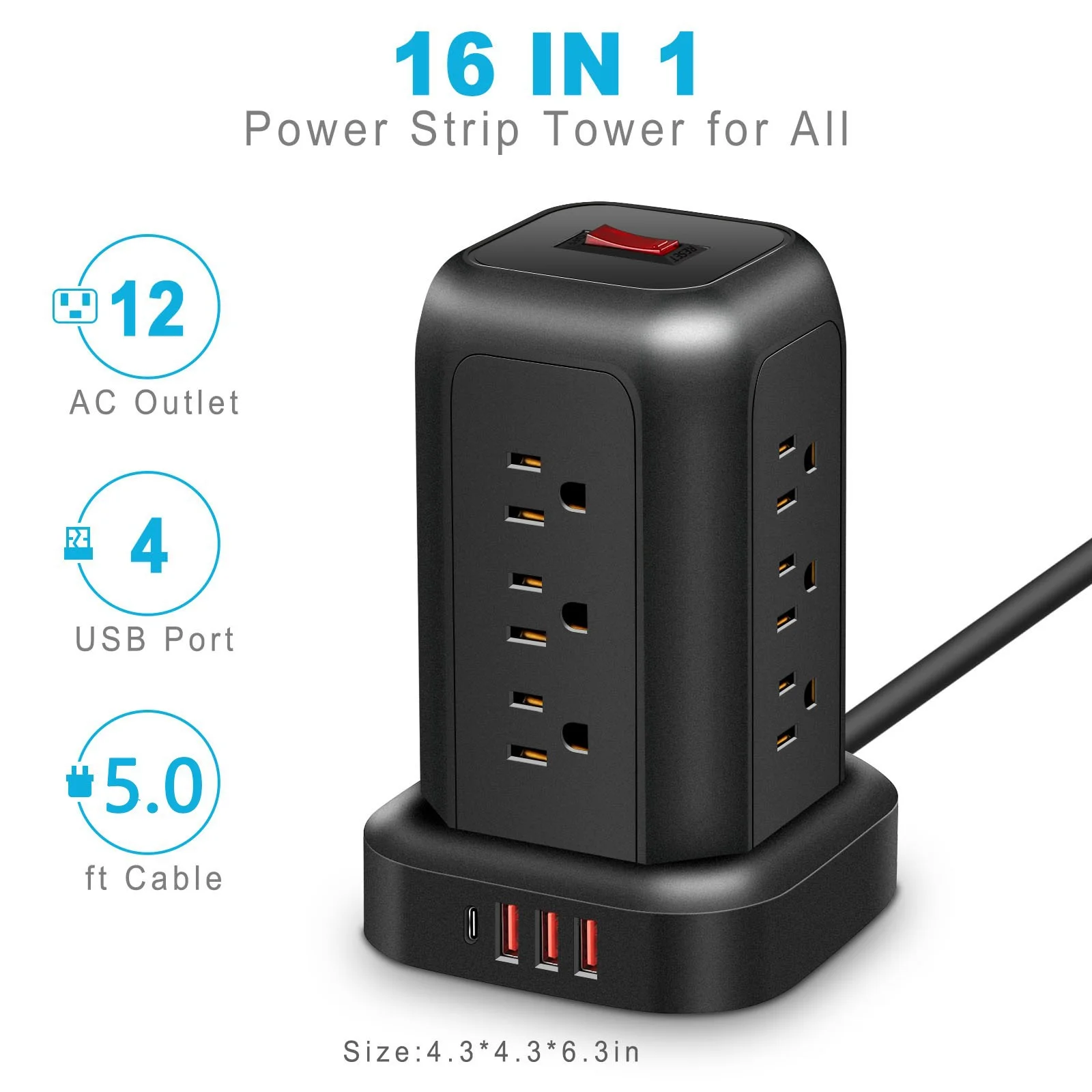 LIMICAR Surge Protector Power Strip Tower,12 AC 4 USB Surge Protector Tower 5.1FT Overload Protection for Home Office,Extension Cord with Multiple Outlets
