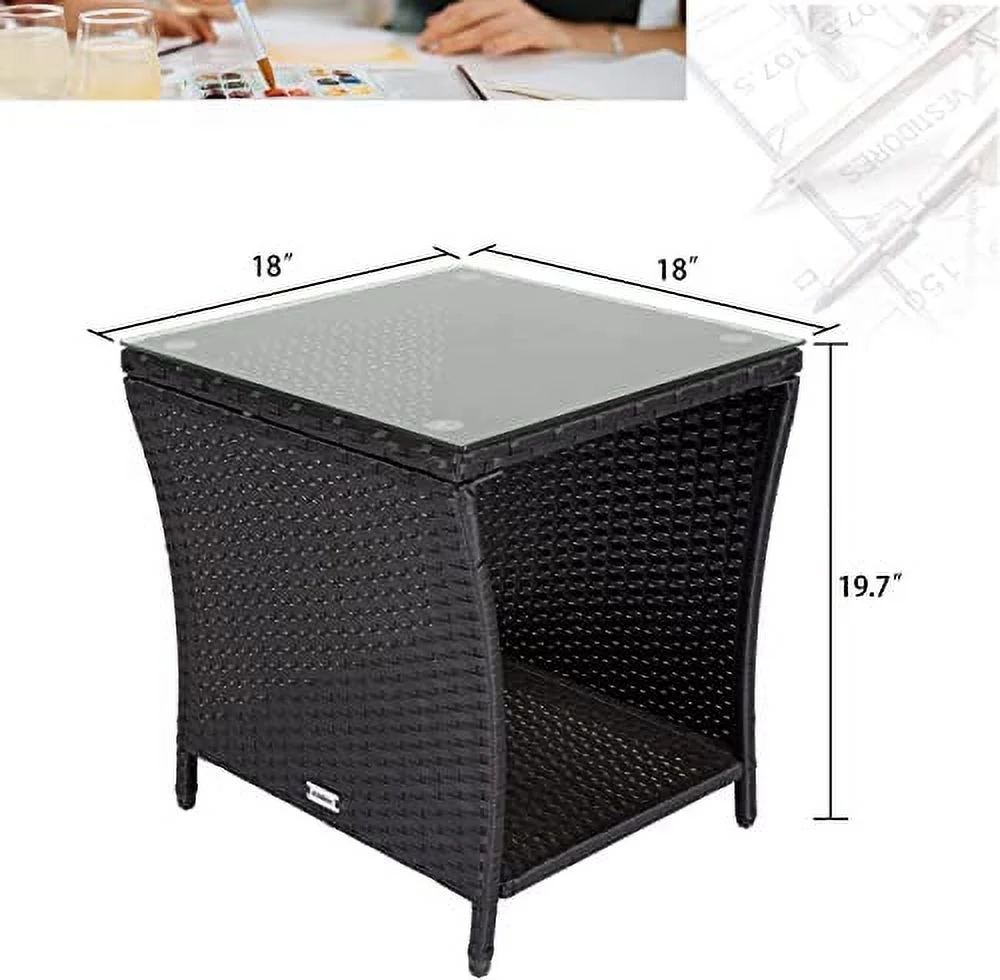 J-SUN-7 Patio PE Rattan Side Table - Set of 2 Outdoor Coffee Table End Table w/Glass Top, Black