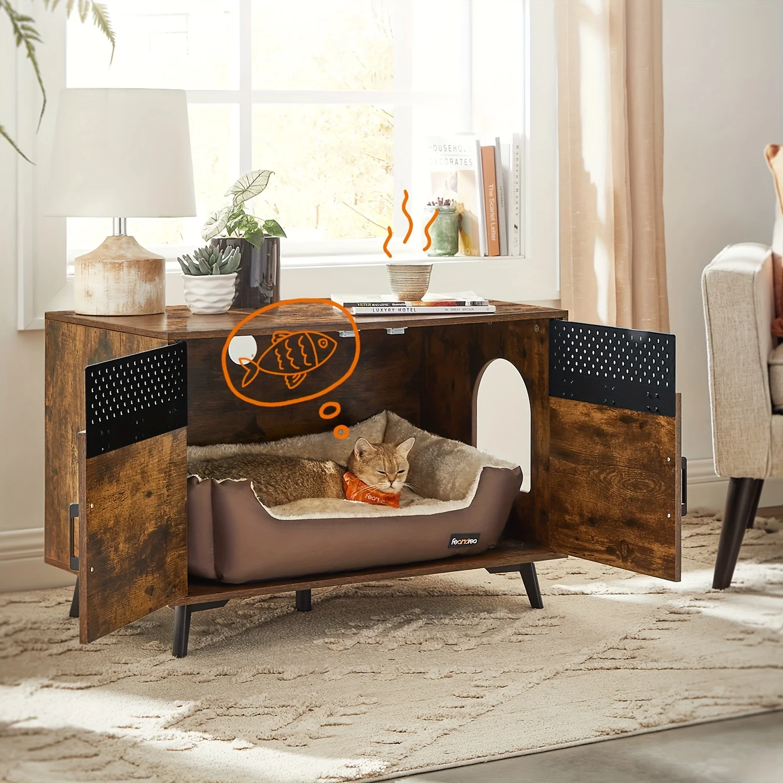 Litter Box Enclosure, Cat Litter Box Furniture Hidden, with Removable Divider, High Legs, Cat House for Indoor Cats, Side End Table, 31.5 x 19.7 x 21.7 Inches, Rustic Brown