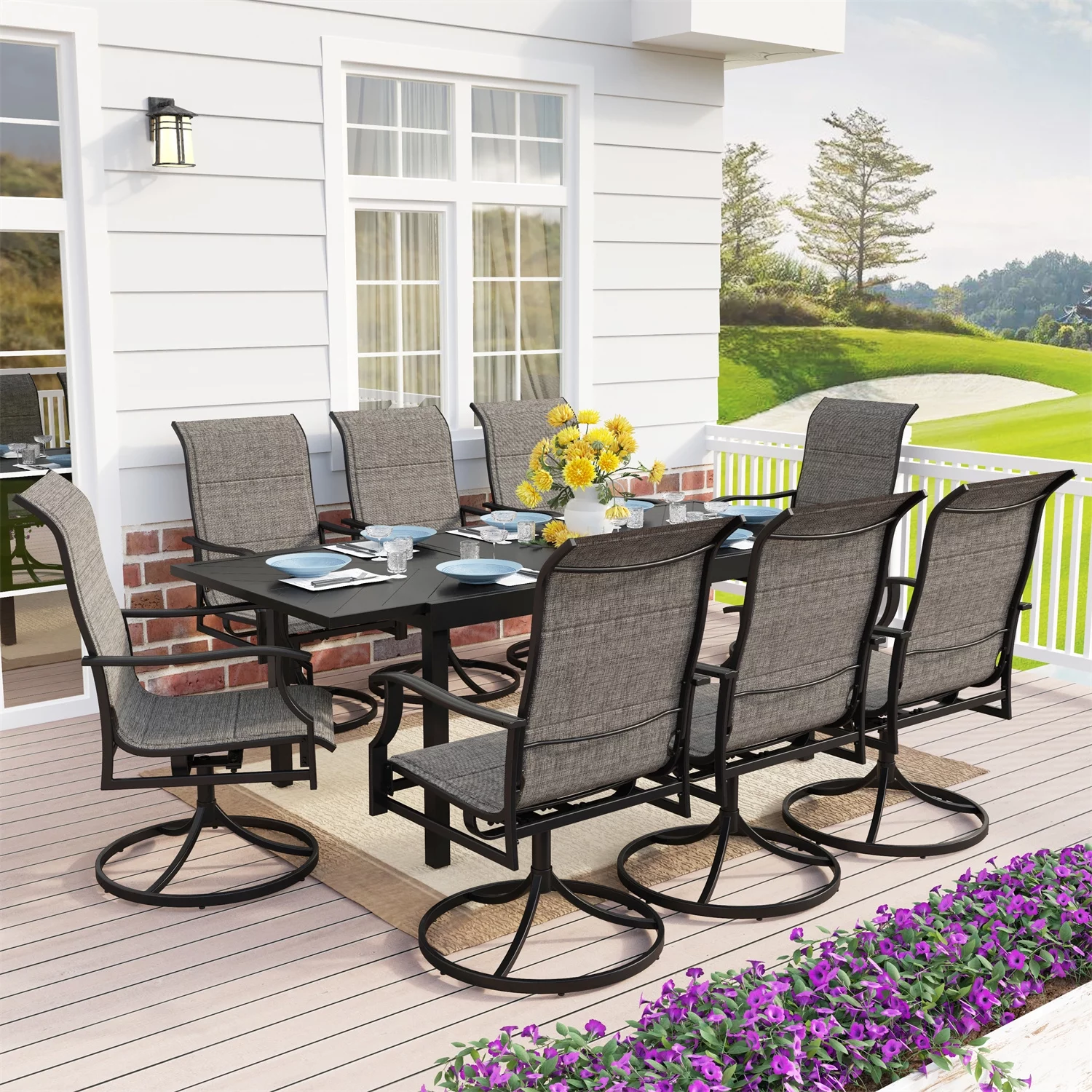 MF Studio 9-Piece Outdoor Patio Dining Set with 8 PCS Swivel Armchairs & 1 PC Expandable Table, Black&Gray