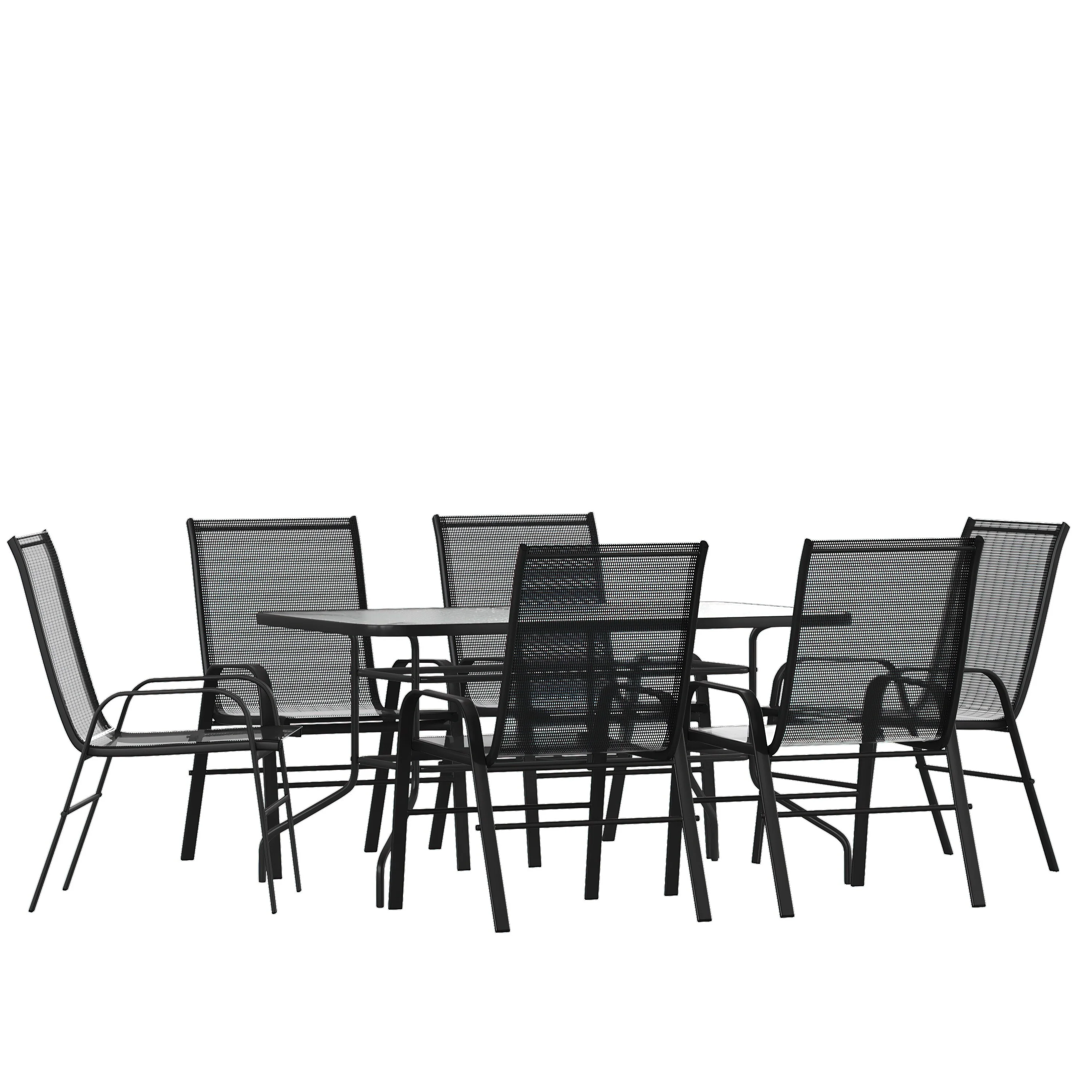 Lancaster Home 7 Piece Patio Dining Set - Glass Table, 6 Flex Stack Chairs Brown