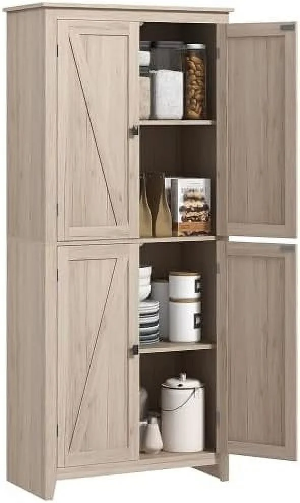 72" Freestanding 4-Door Kitchen Pantry   Cabinet Organizer with 4-Tiers  and Adjustable Shelves  Natural