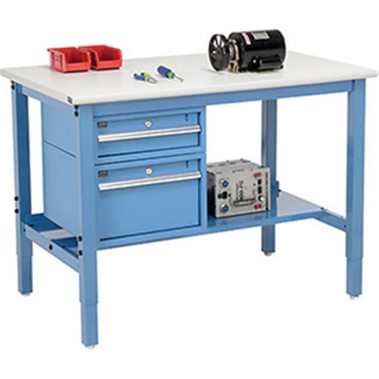 48 x 30 in. Production Workbench - ESD Laminate Safety Edge with Drawers & Shelf, Blue