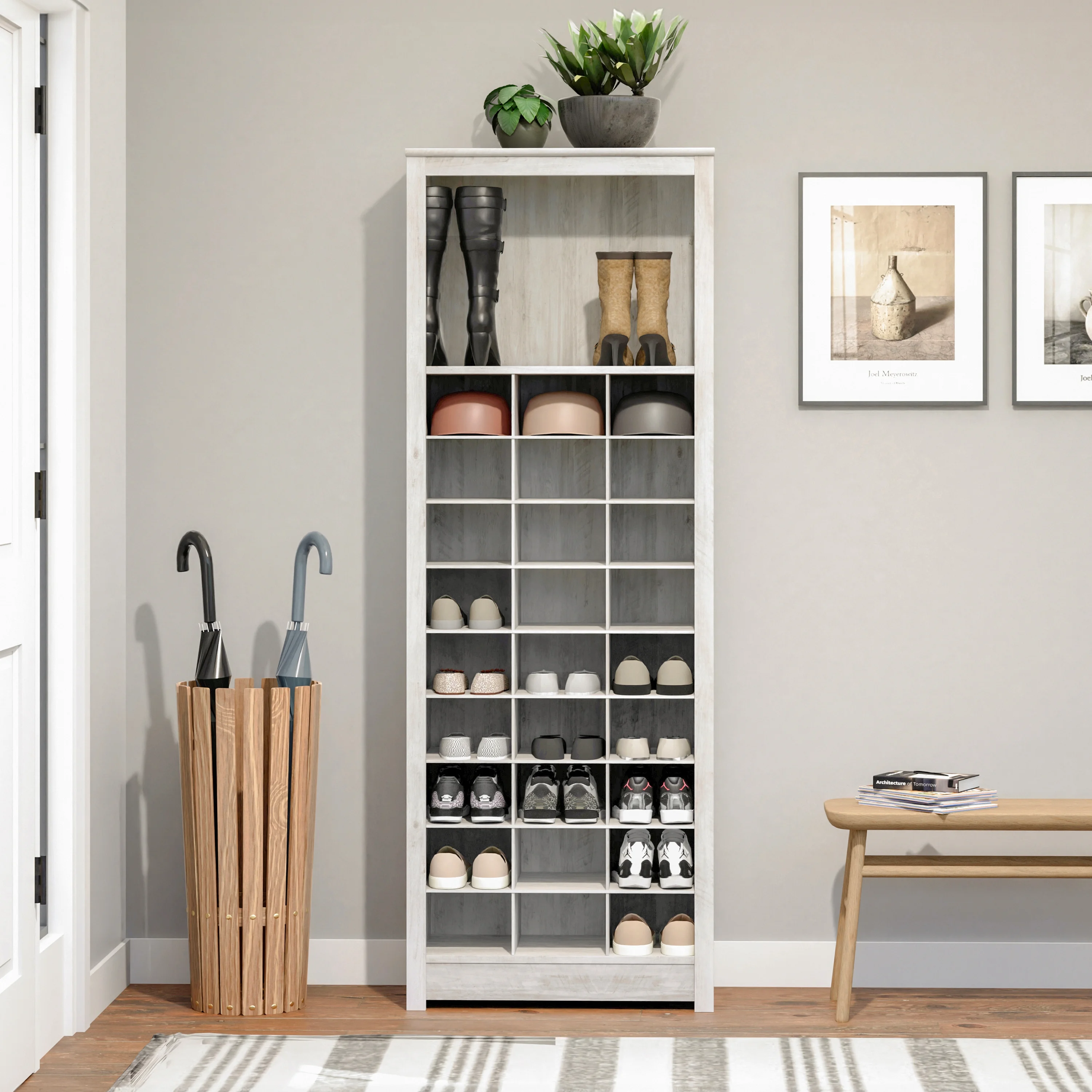 Prepac Rustic Ridge Washed White Shoe Cabinet 13