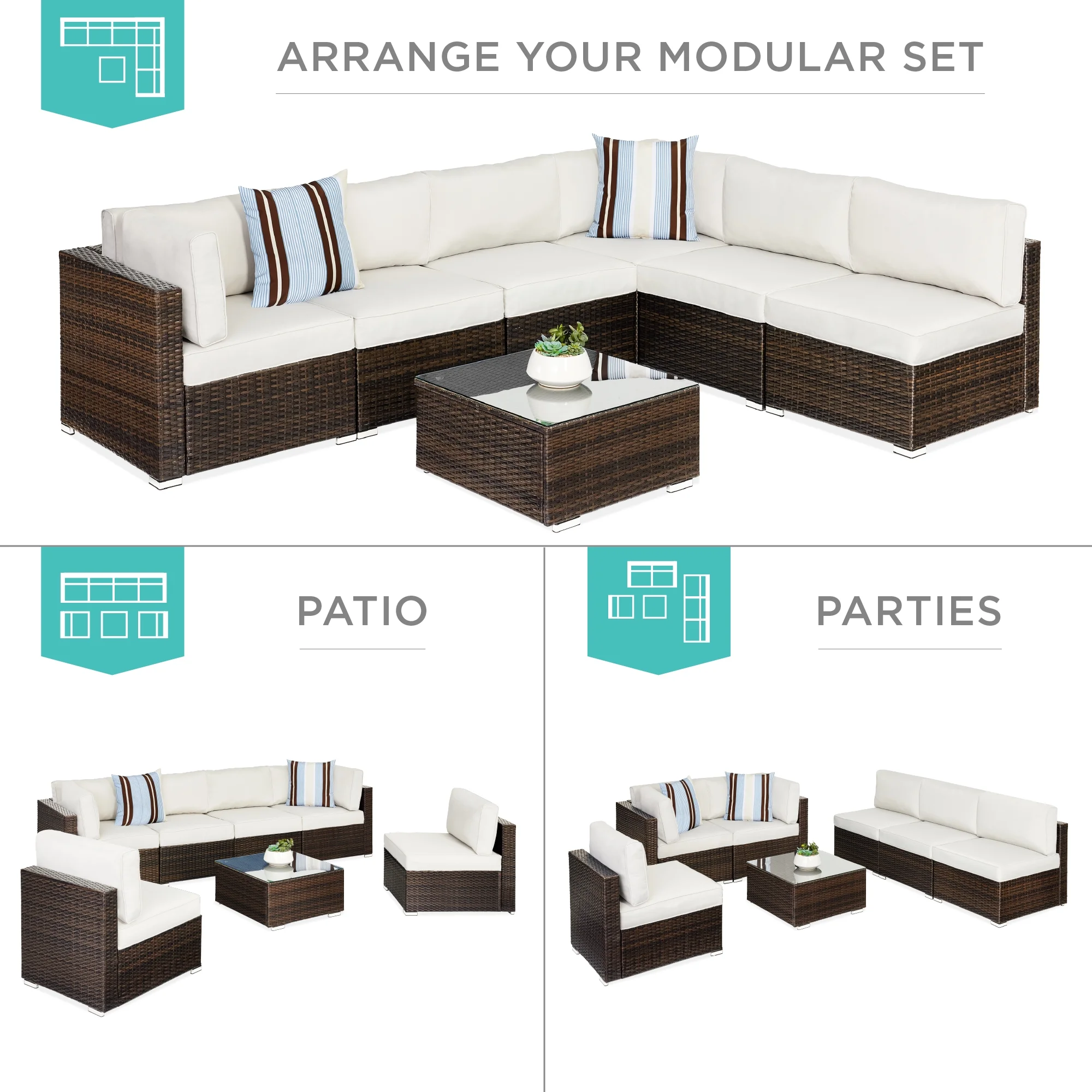 Best Choice Products 7-Piece Outdoor Modular Patio Conversation Furniture, Wicker Sectional Set - Brown/White Sand