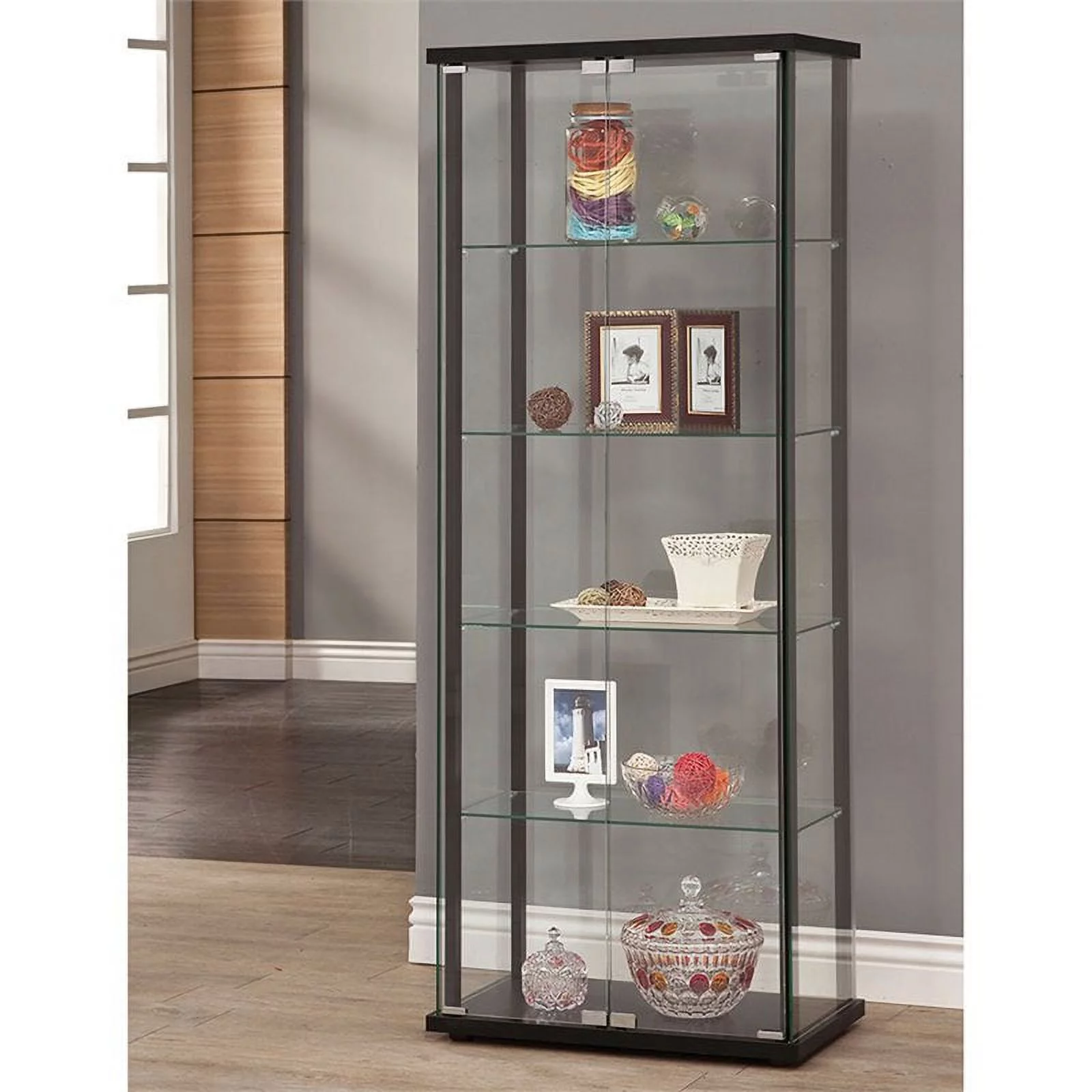 Home Square 3 Piece Glass Curio Cabinet Set with 3 Shelf 4 Shelf and 5 Shelf