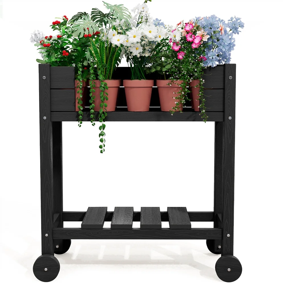JEAREY Raised Planter Box with Legs, Outdoor 2-Tier Plastic Elevated Garden Planting Bed on Wheels, Black