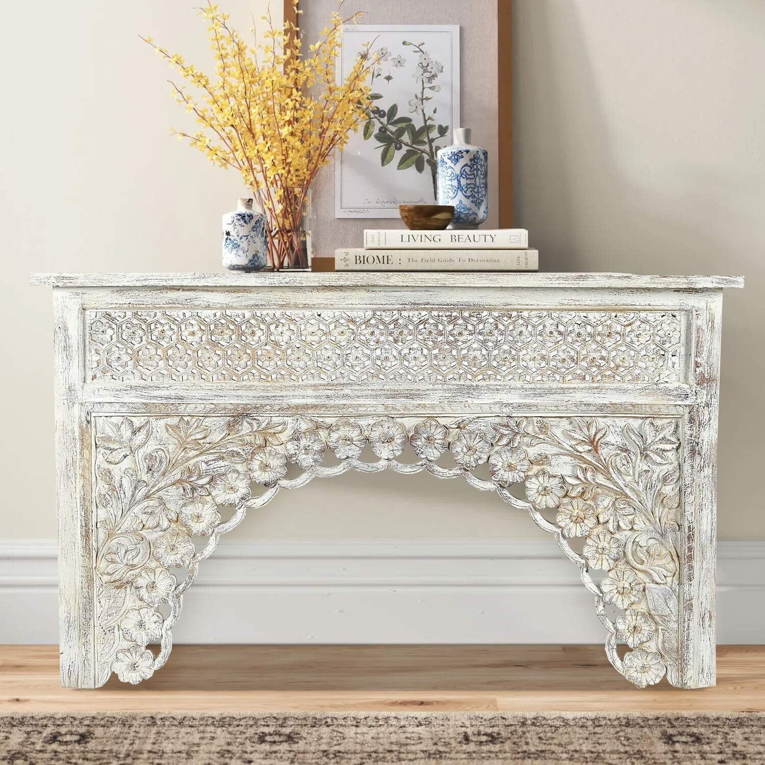 Transitional Style Hand Carved Moorish Arch 59 in. Long Distressed White Sofa Table | Farmhouse Style Handmade Solid Wood Entryway Console