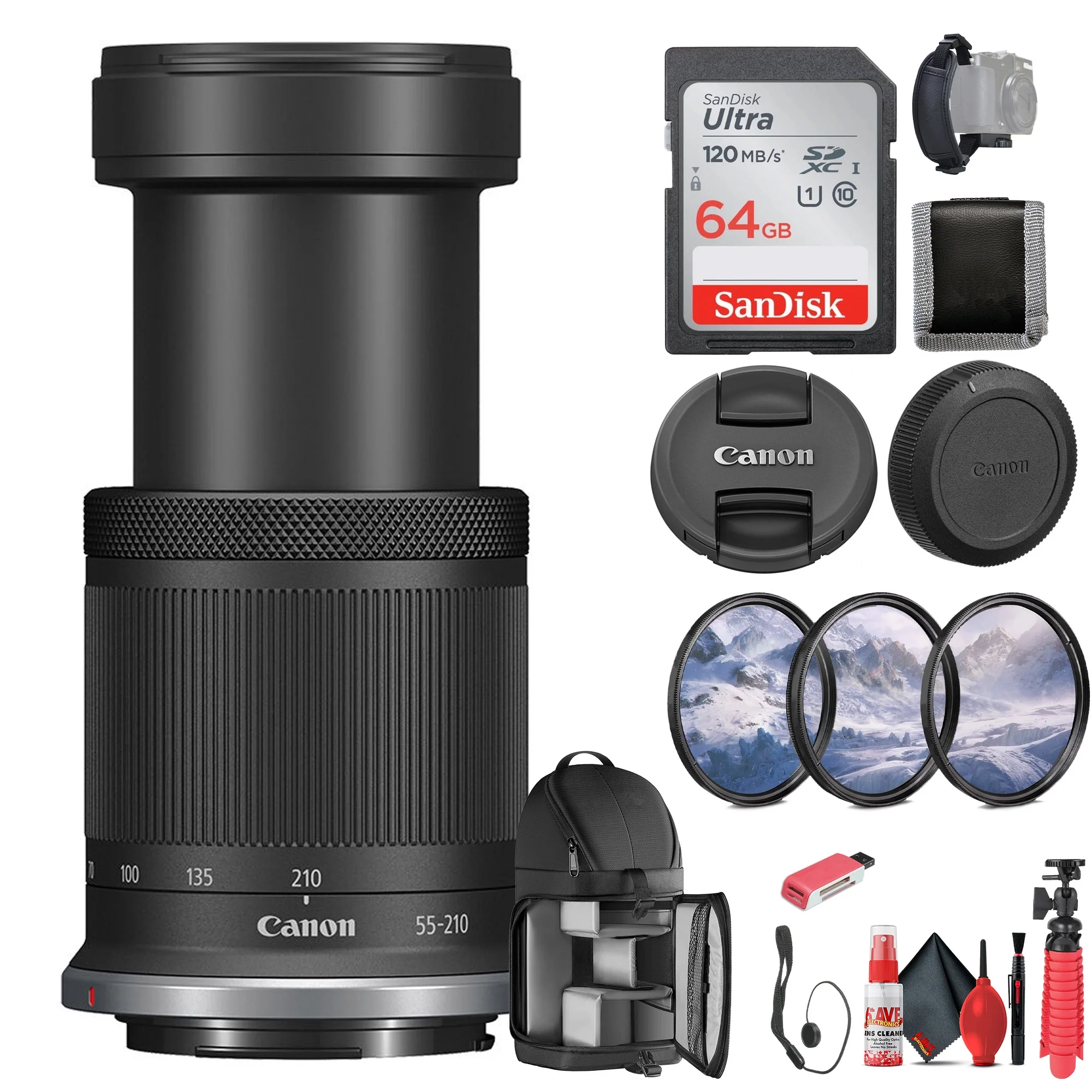 Canon RF-S 55-210mm f/5-7.1 IS STM Lens (Canon RF) for Landscape, Portrait, & Travel Photos/Videos (5824C002) + 64GB Memory Card + Filter Kit + BackPack + Card Reader + Flex Tripod + More