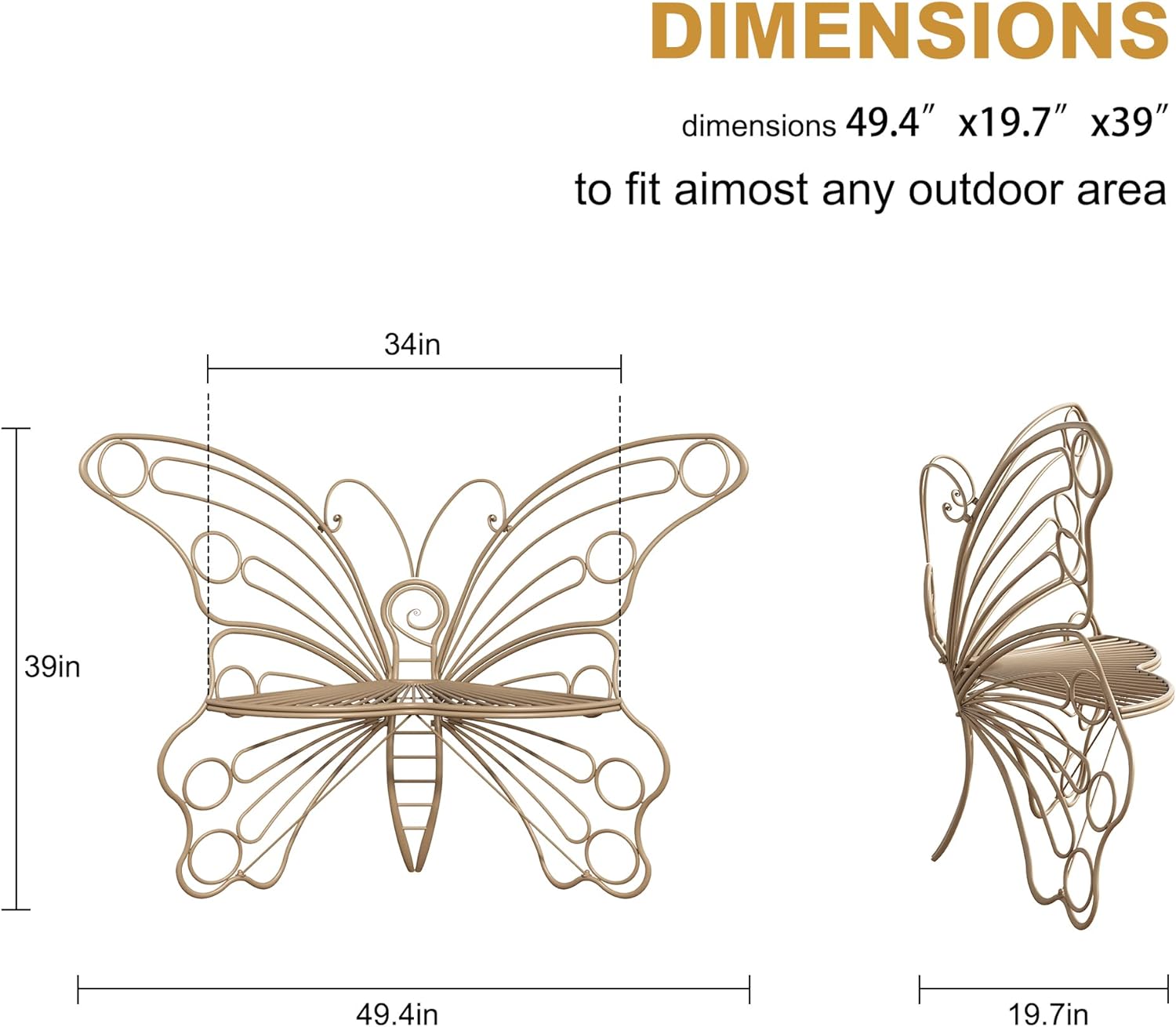 50 Inches Outdoor Bench, Cast Iron Metal Frame Patio Outdoor Garden Bench with Butterfly Inspired Pattern, Front Porch Bench for Outdoors, Deck, Lawn, Balcony, Backyard