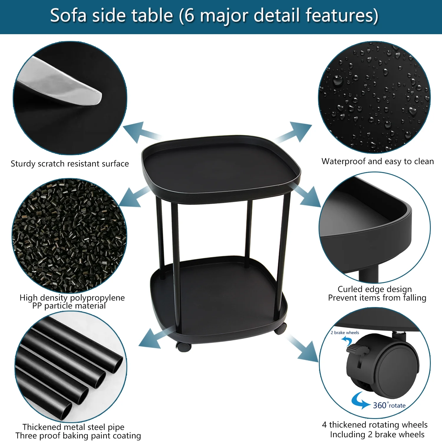 2-layer end table, tray waterproof top table, square wheeled plastic side table, metal bracket sofa coffee table, suitable for living room, bedroom, bathroom, office (black)